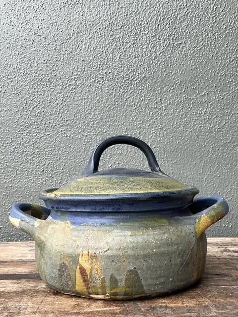 Vintage Aboriginal Studio Pottery Drip Glaze Lidded Bowl - Top view