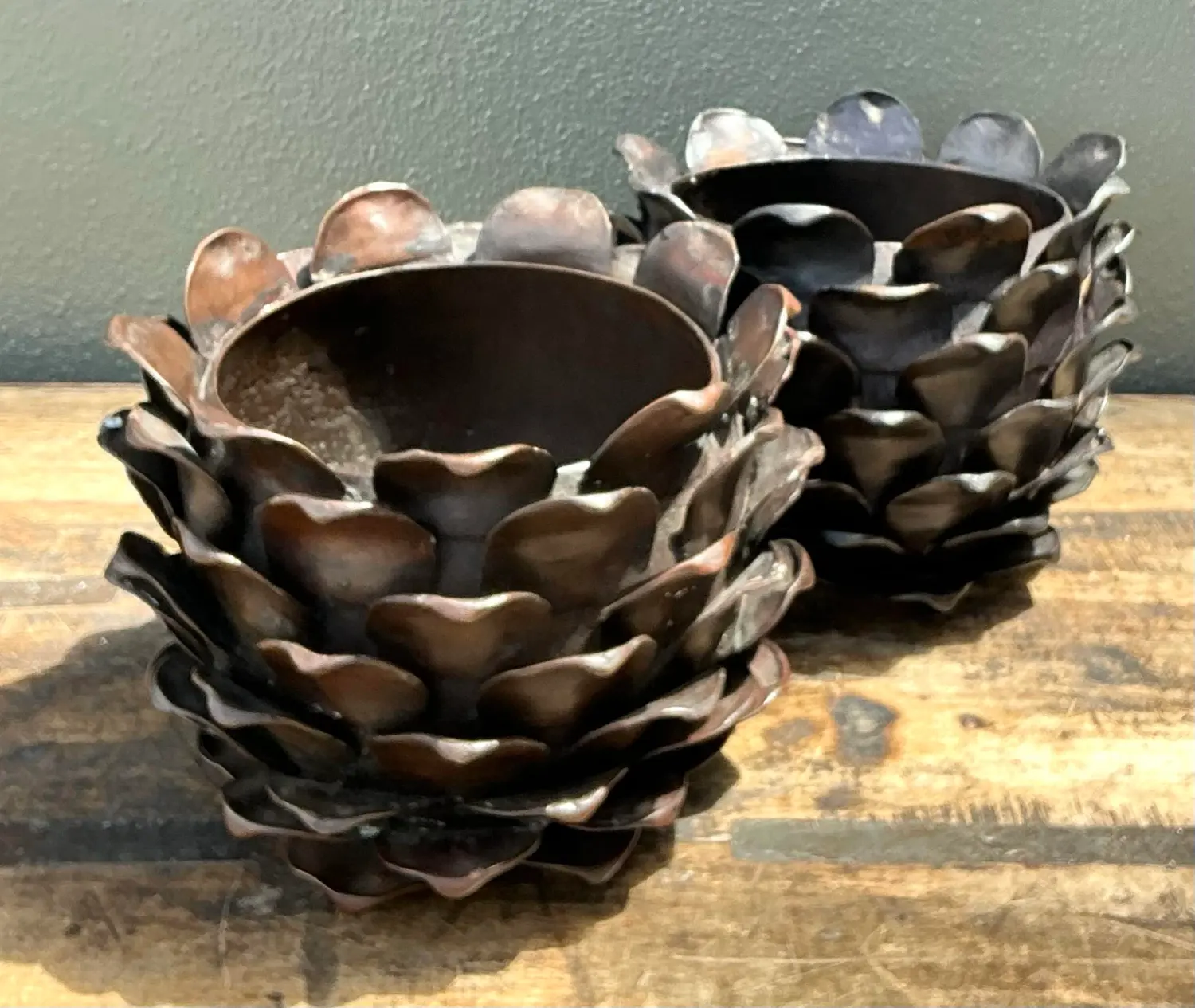 Vintage Alexander Lamont Patinated Bronze Bread Apples - A Pair - Top view
