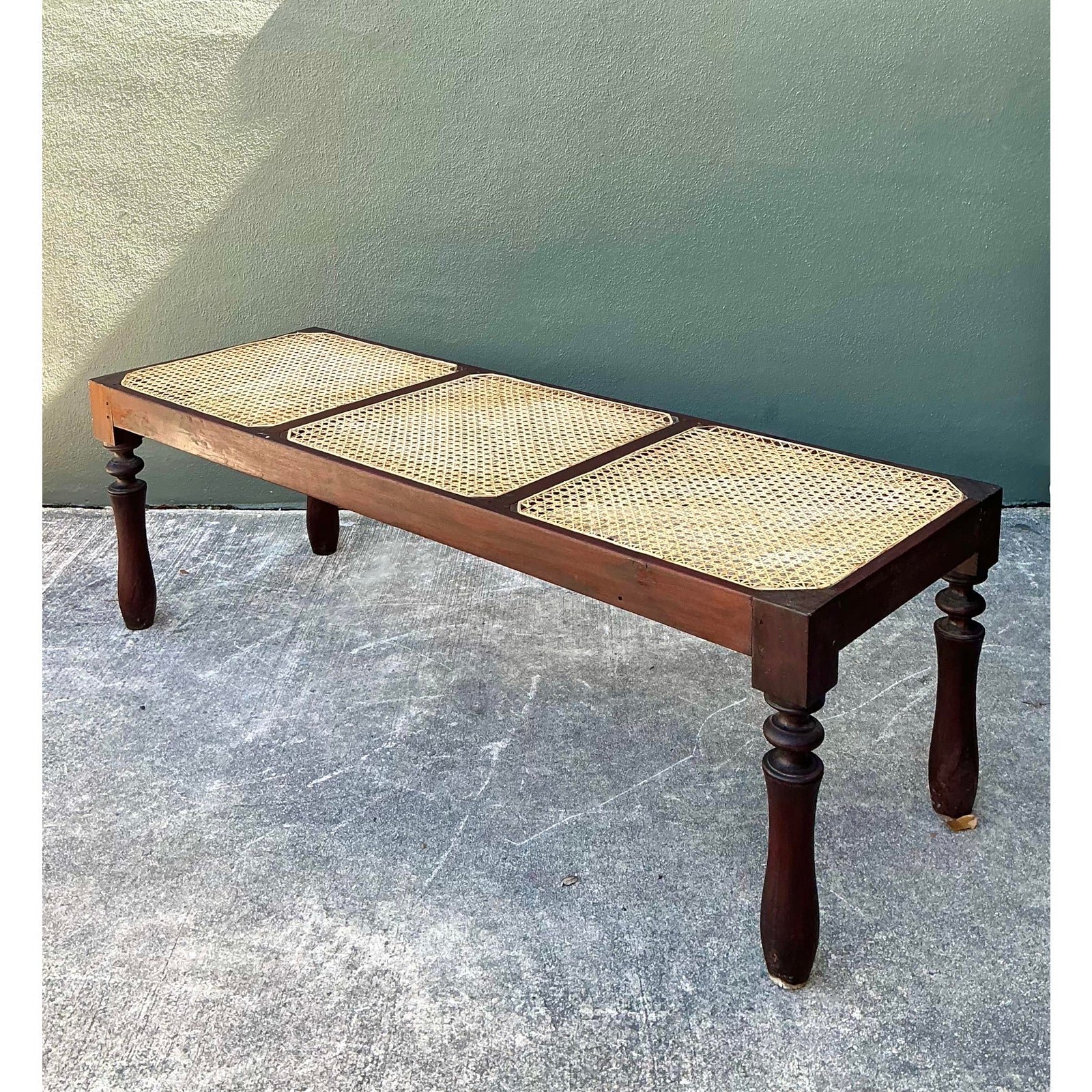 Vintage Anglo Indian Inset Cane Bench - Side view