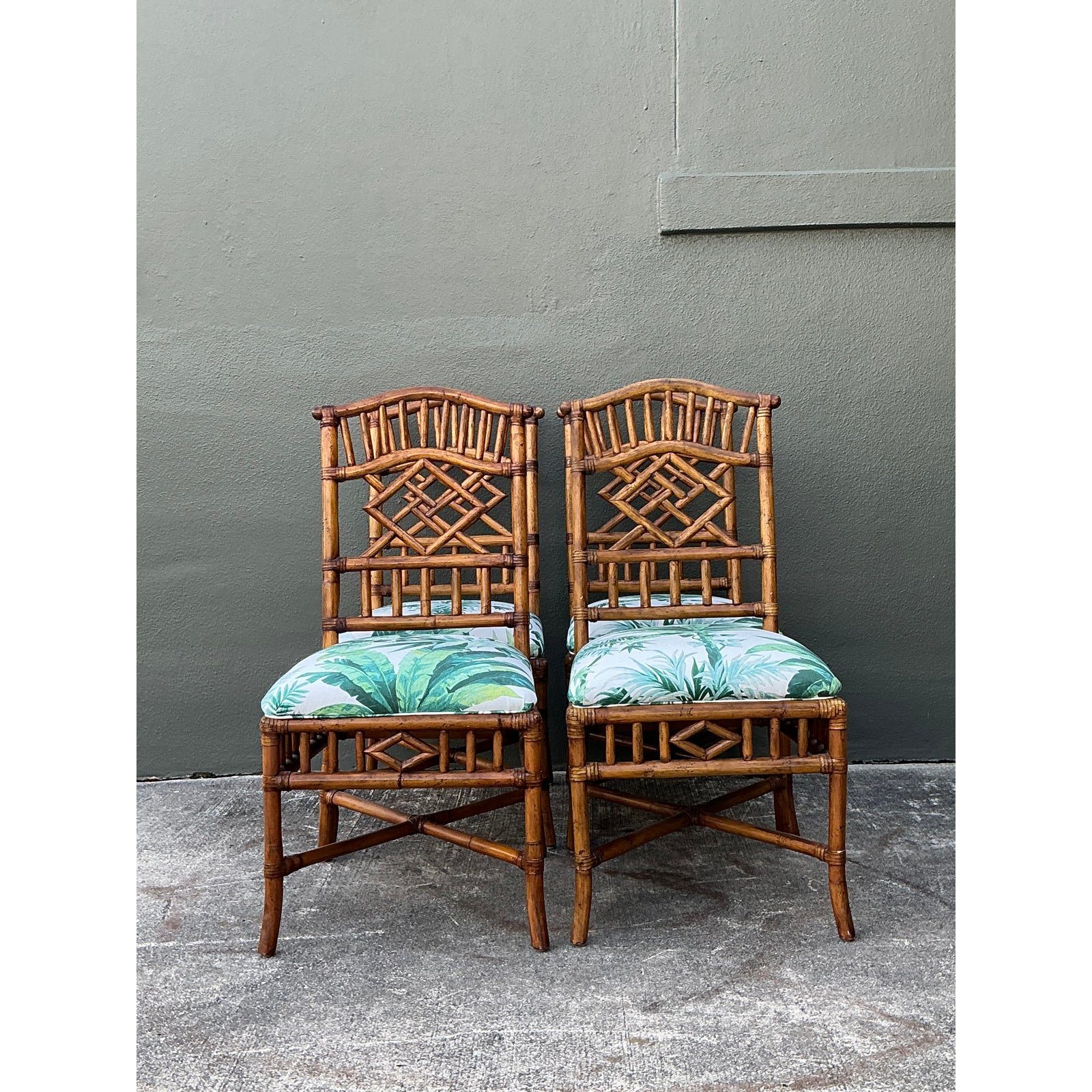 Vintage Arched Back Rattan Dining Chairs in Manuel Canovas - Set of 4 - Back view