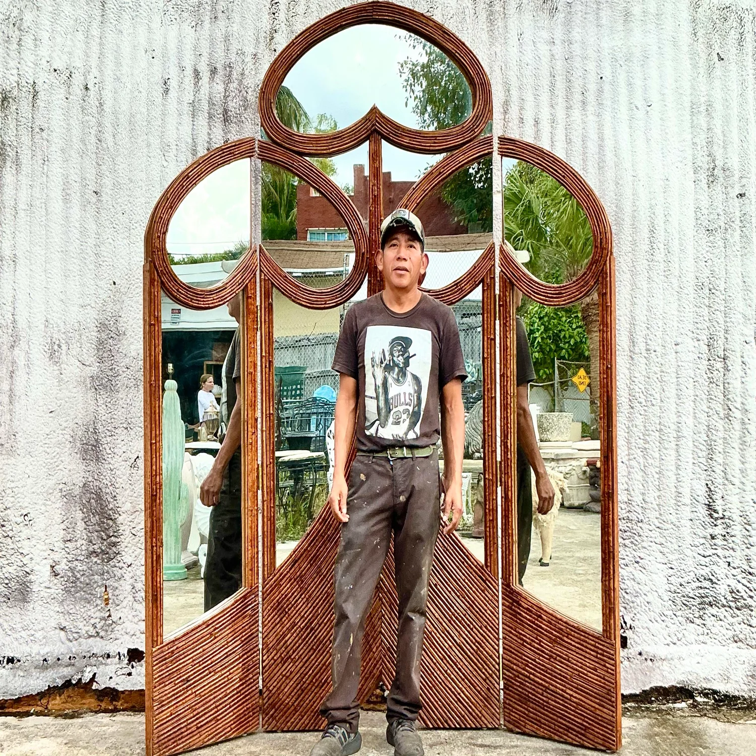 Vintage Art Nouveau Monumental Reed Folding Screen - Side view