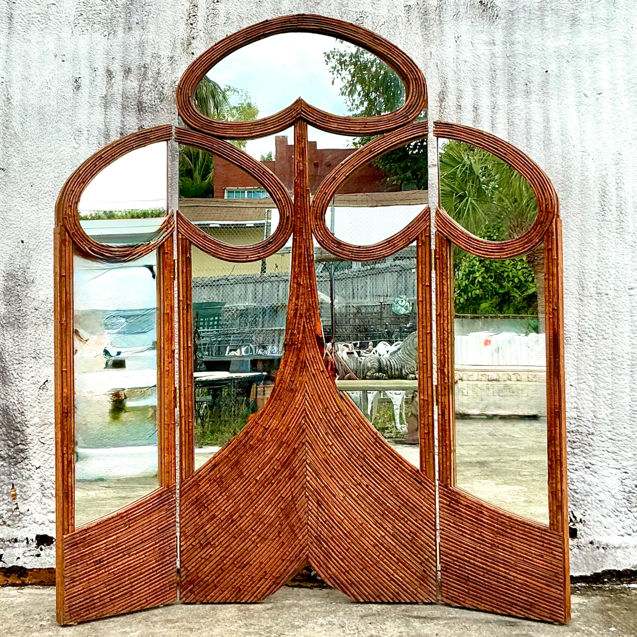 Vintage Art Nouveau Reed Folding Mirrored Screen - Back view