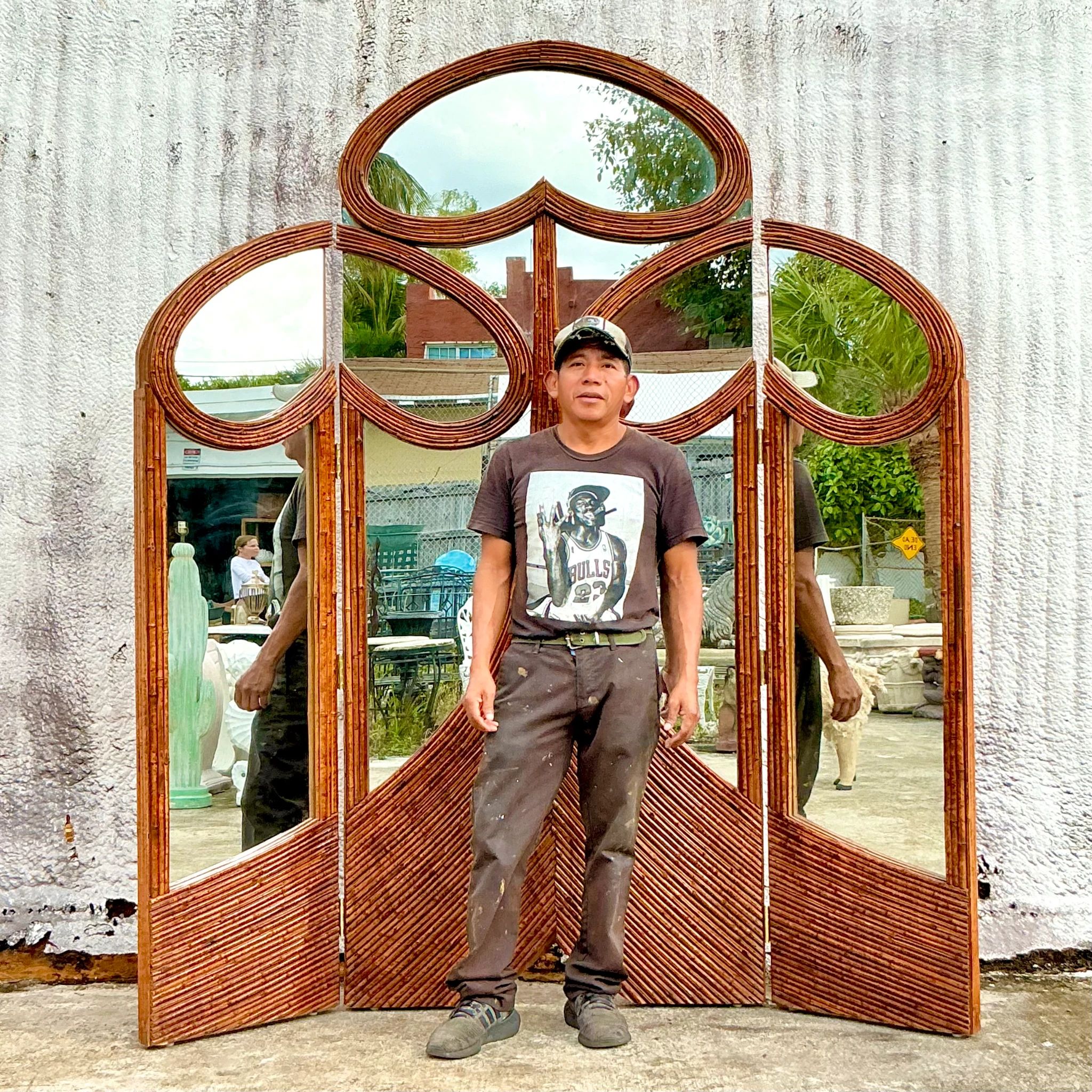 Vintage Art Nouveau Reed Folding Mirrored Screen - Top view