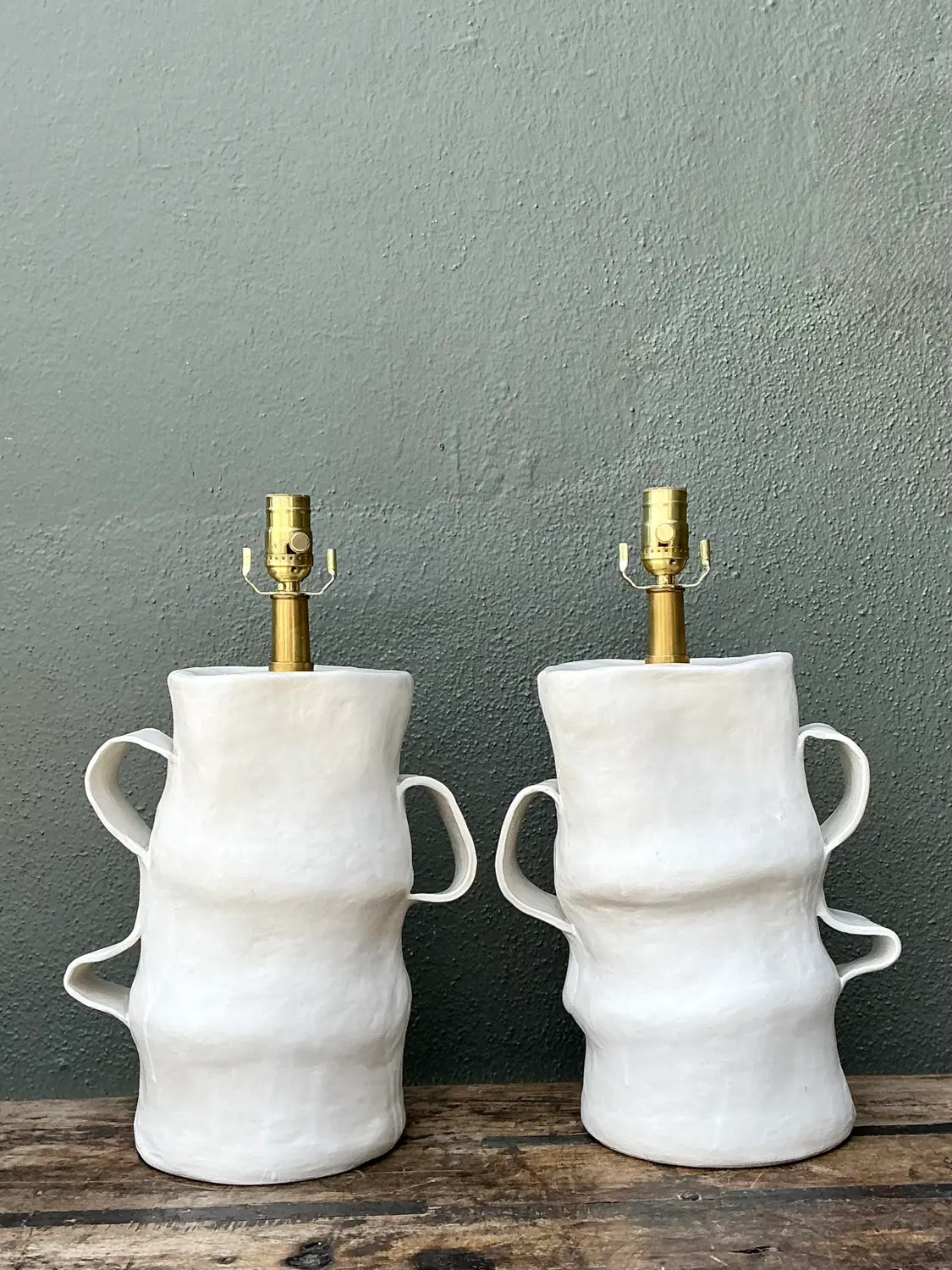 Vintage Artisan Slab Built Pottery Lamps - A Pair - Detail view