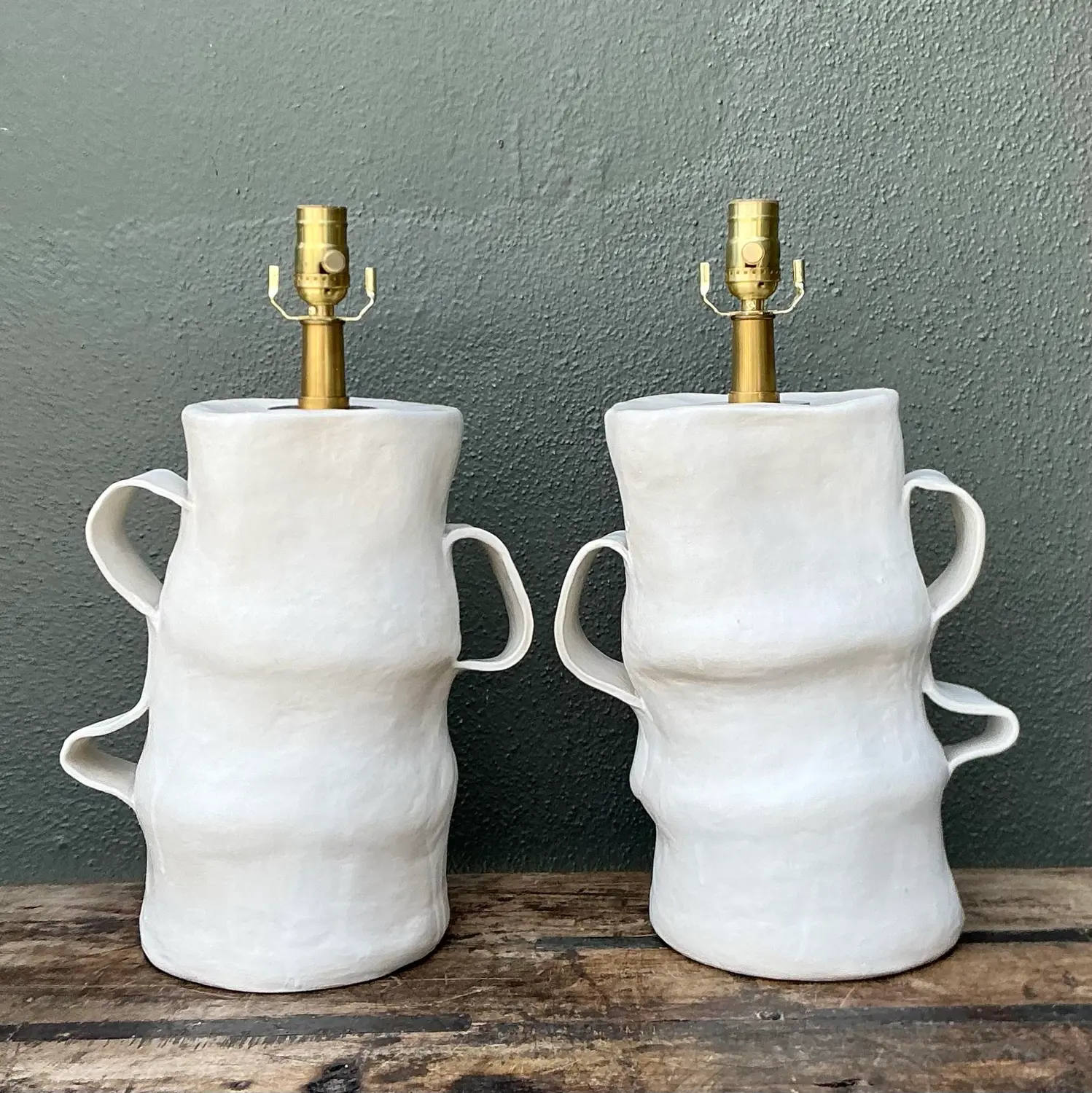 Vintage Artisan Slab Built Pottery Lamps - A Pair - Side view