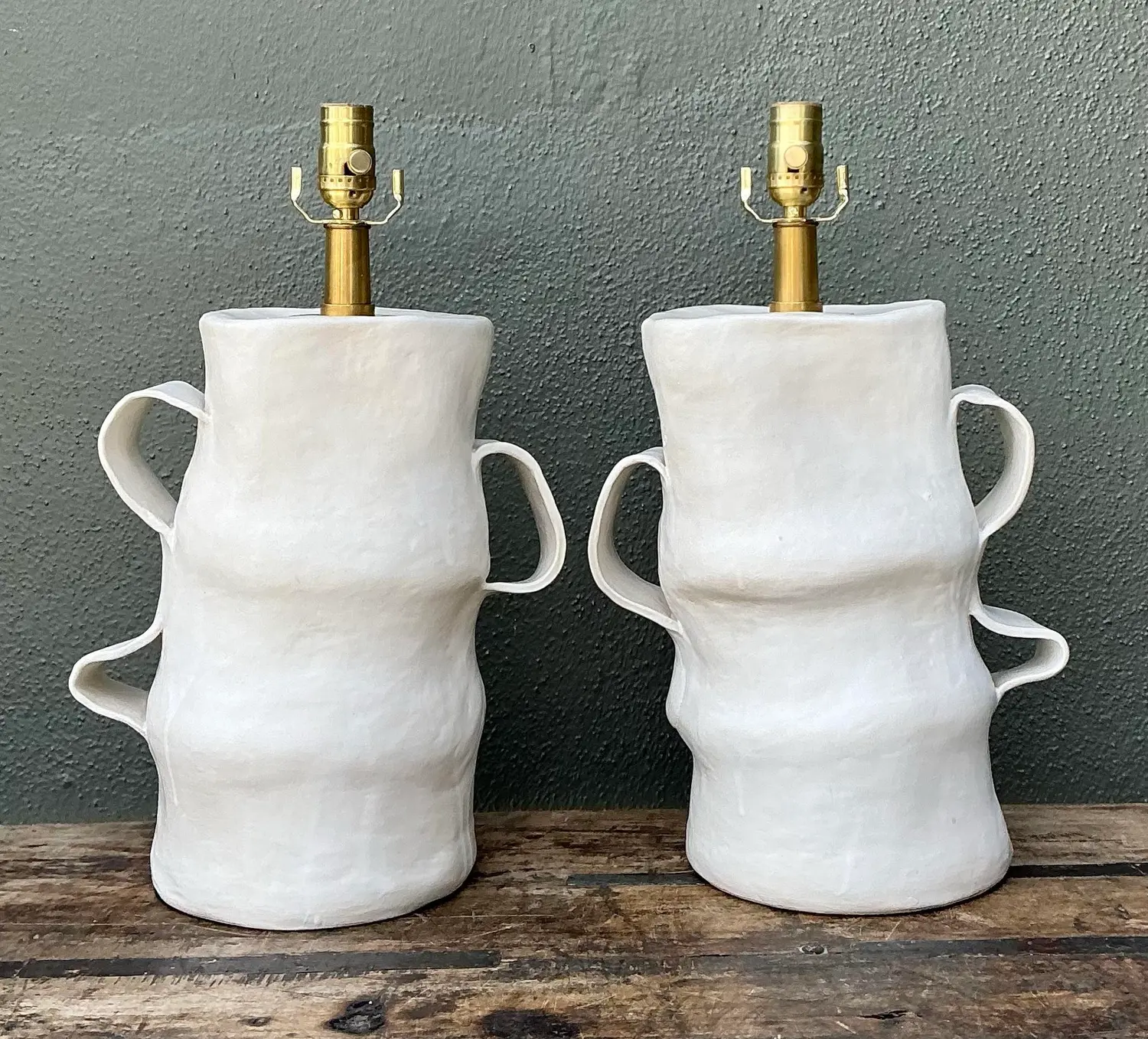 Vintage Artisan Slab Built Pottery Lamps - A Pair - Back view