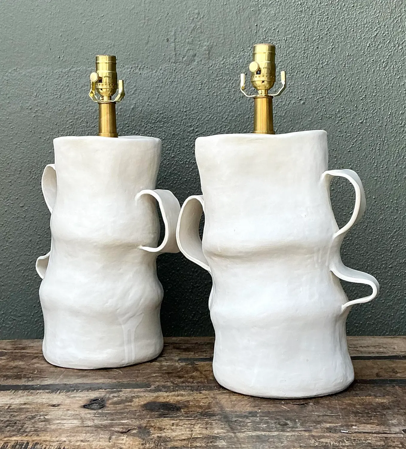 Vintage Artisan Slab Built Pottery Lamps - A Pair - Top view