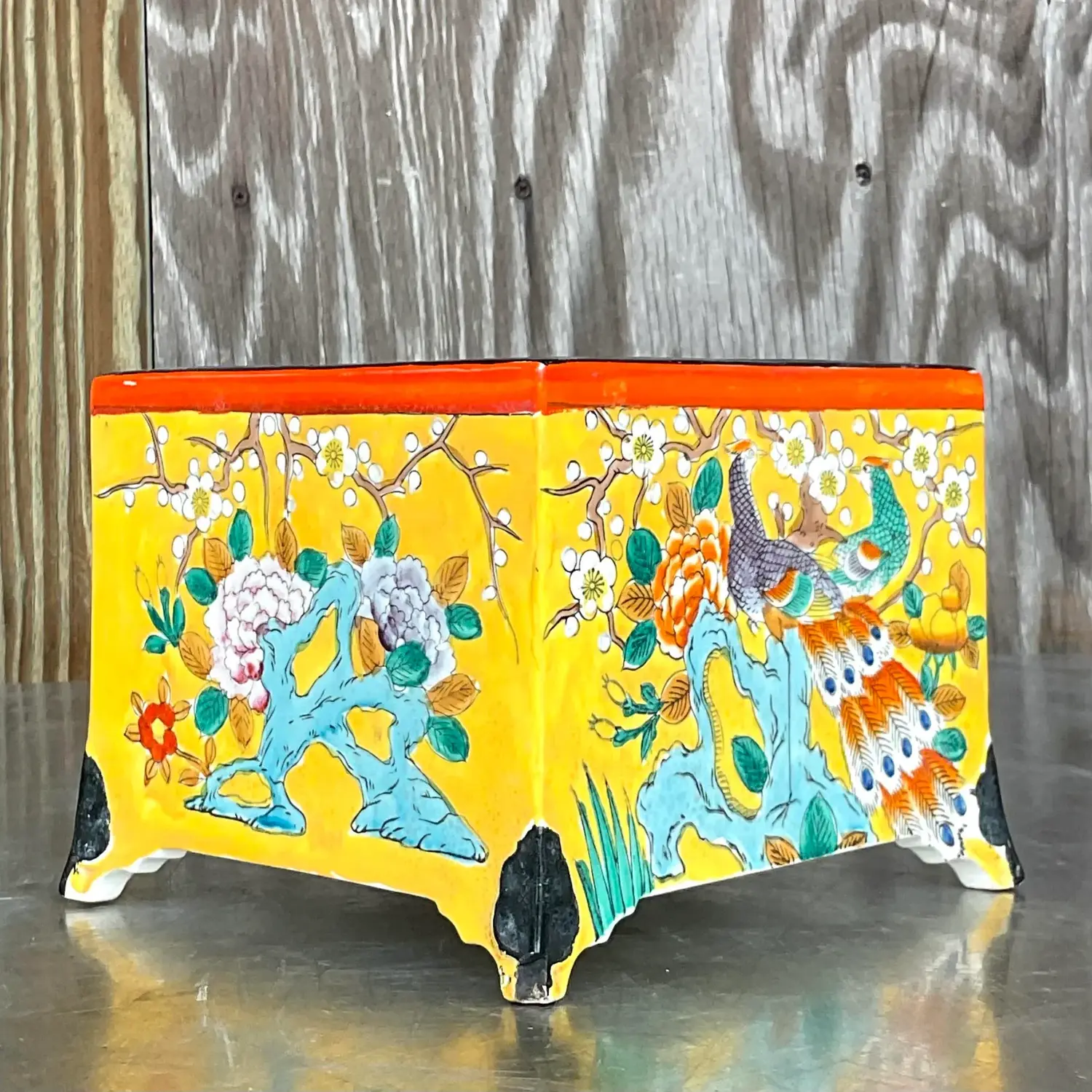 Vintage Asian Glazed Ceramic Cache Pot - Side view