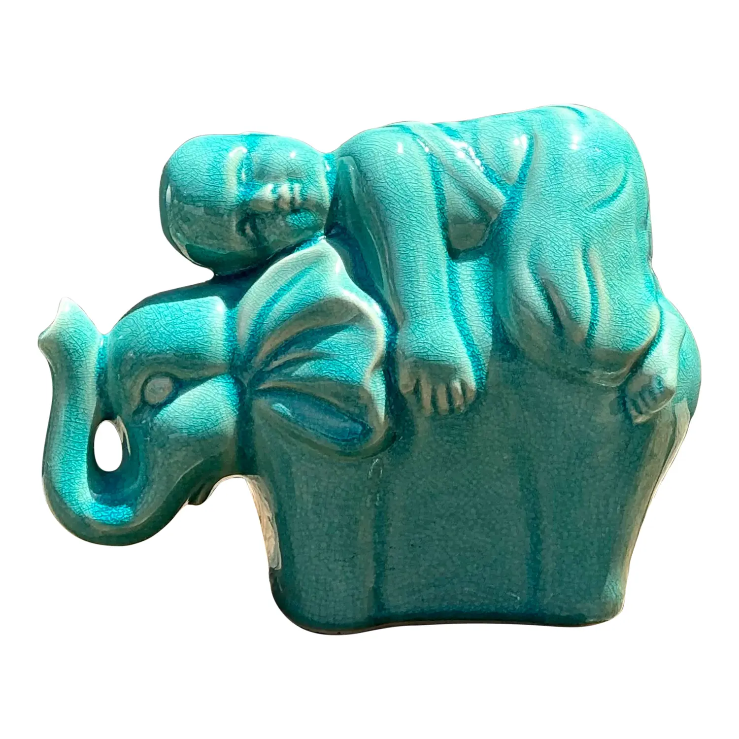 Vintage Asian Glazed Ceramic Elephant and Boy