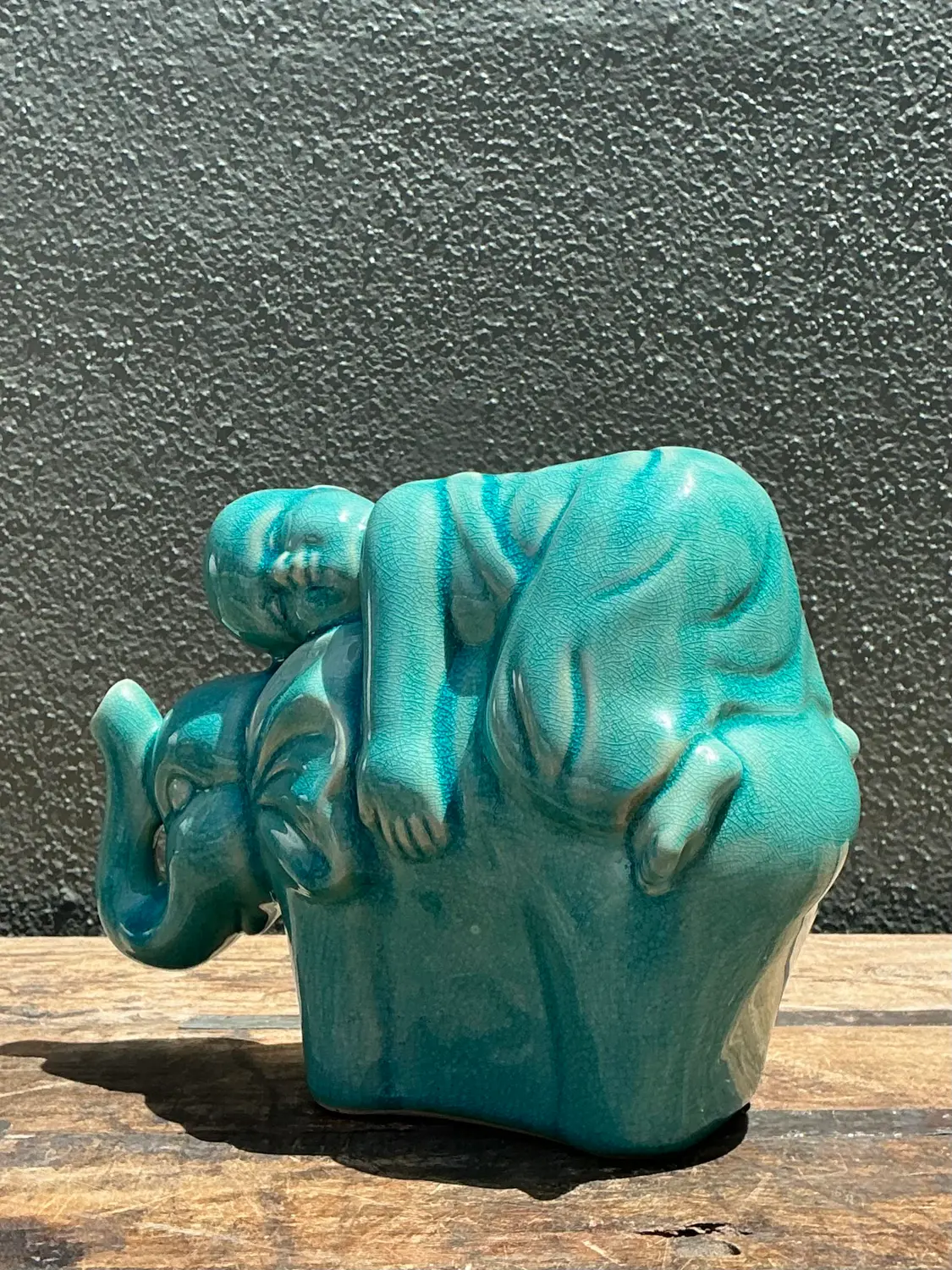 Vintage Asian Glazed Ceramic Elephant and Boy - Detail view