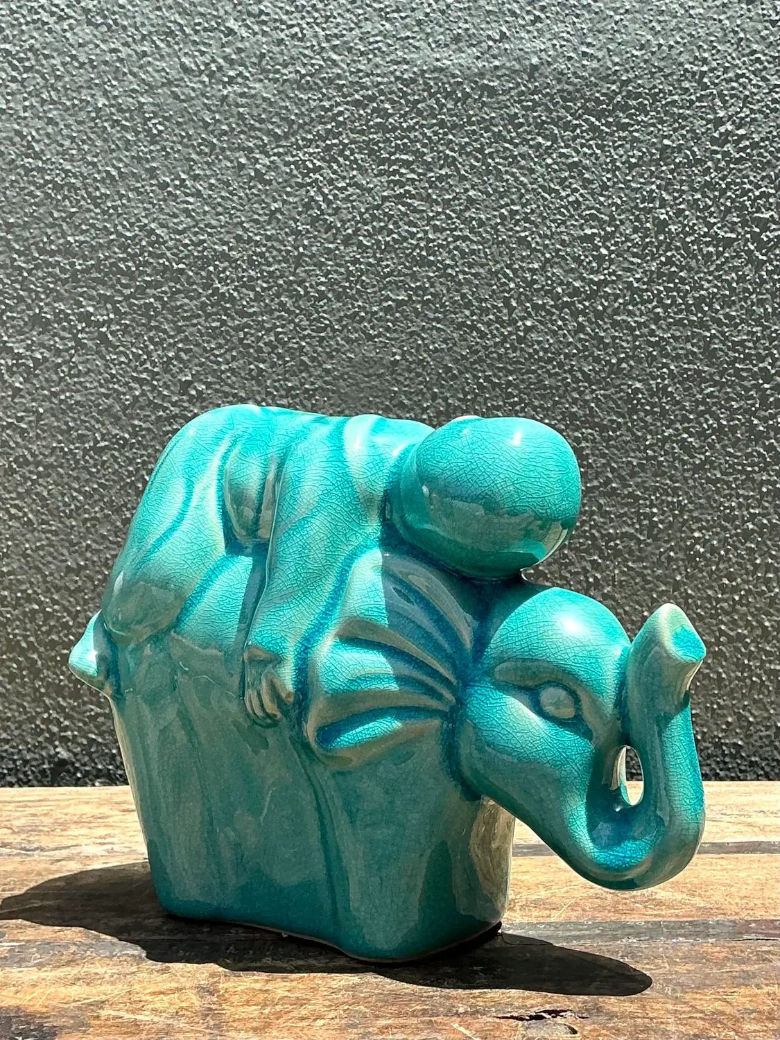 Vintage Asian Glazed Ceramic Elephant and Boy - Side view
