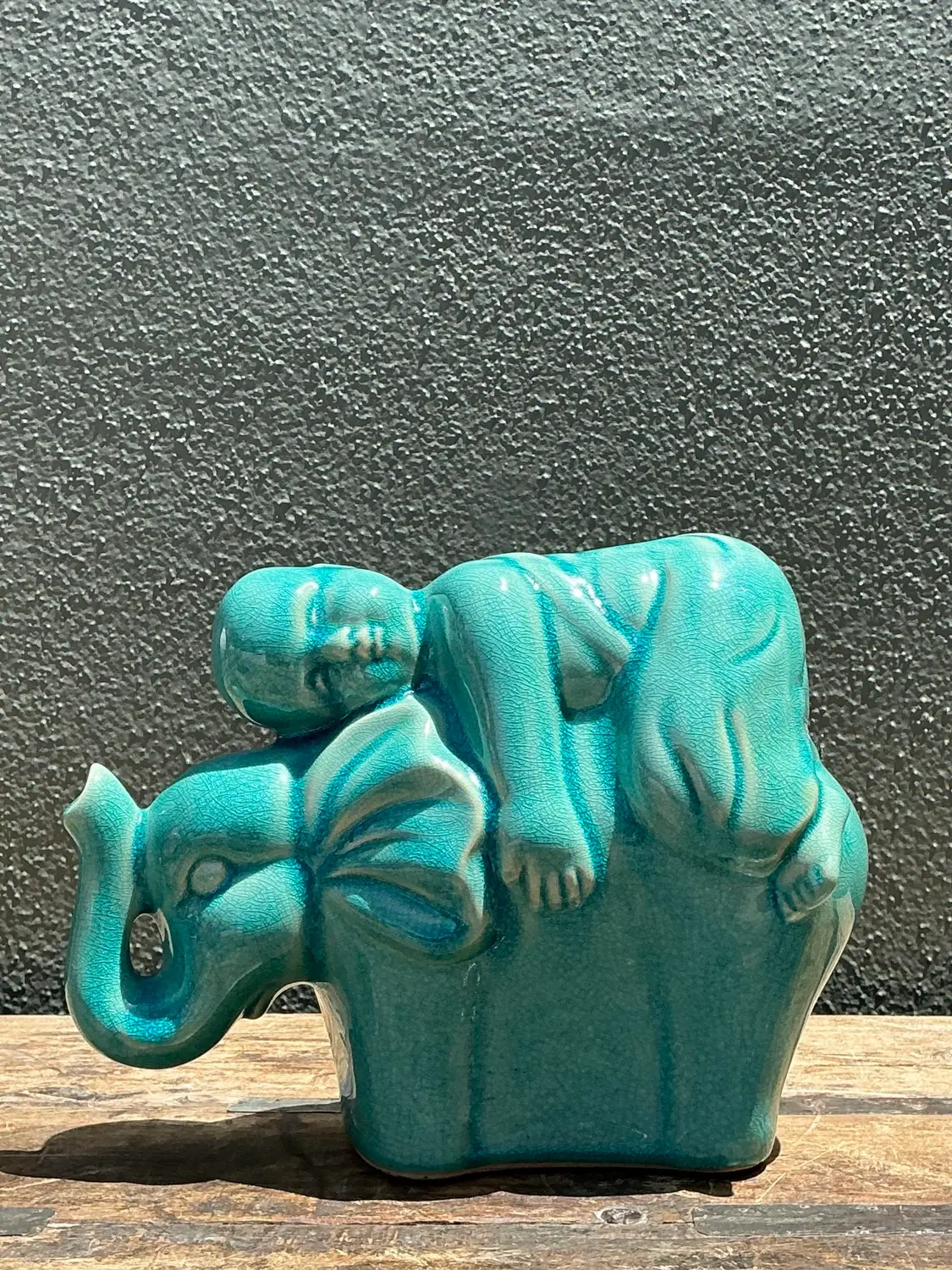 Vintage Asian Glazed Ceramic Elephant and Boy - Back view