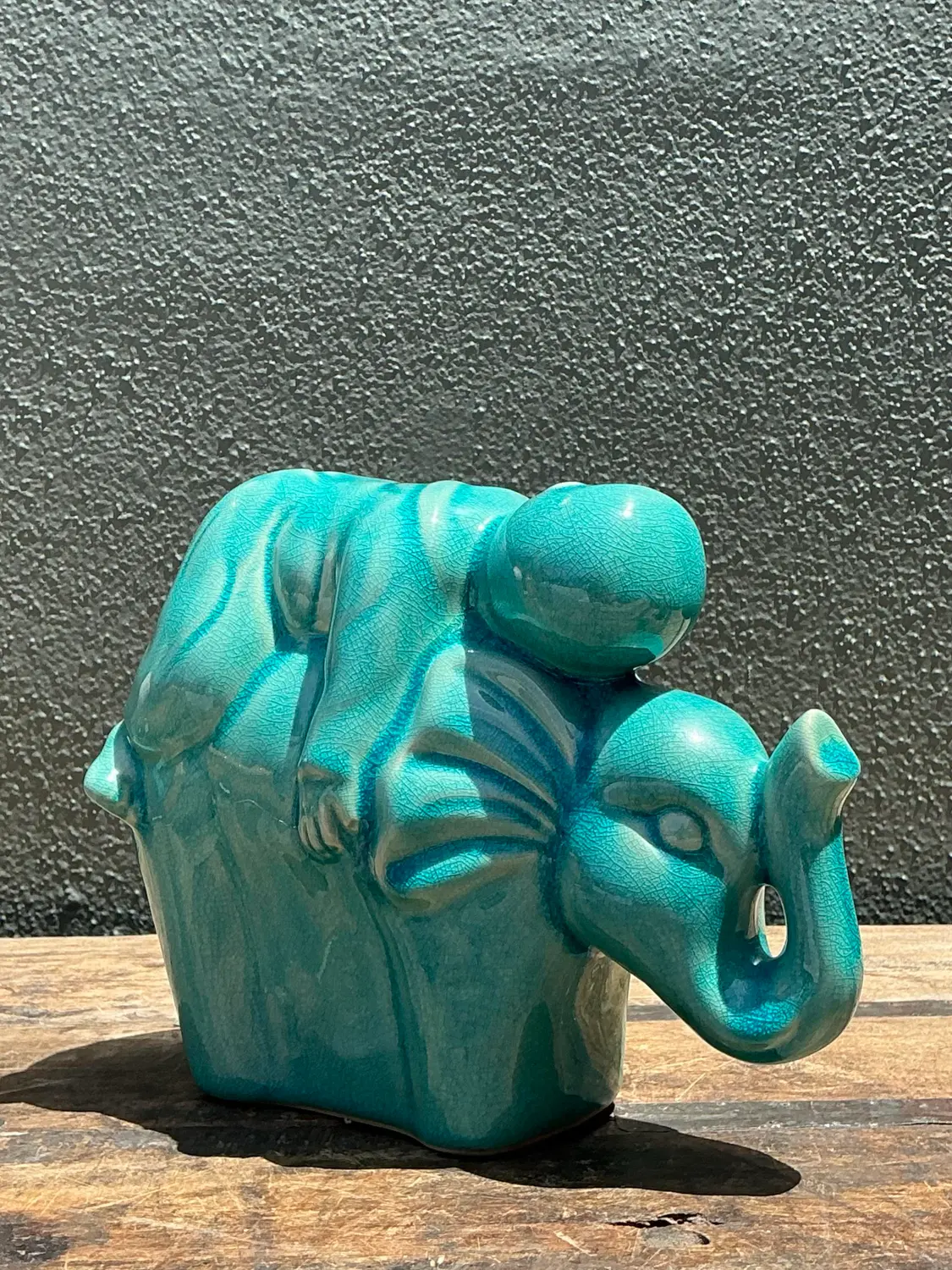 Vintage Asian Glazed Ceramic Elephant and Boy - Top view
