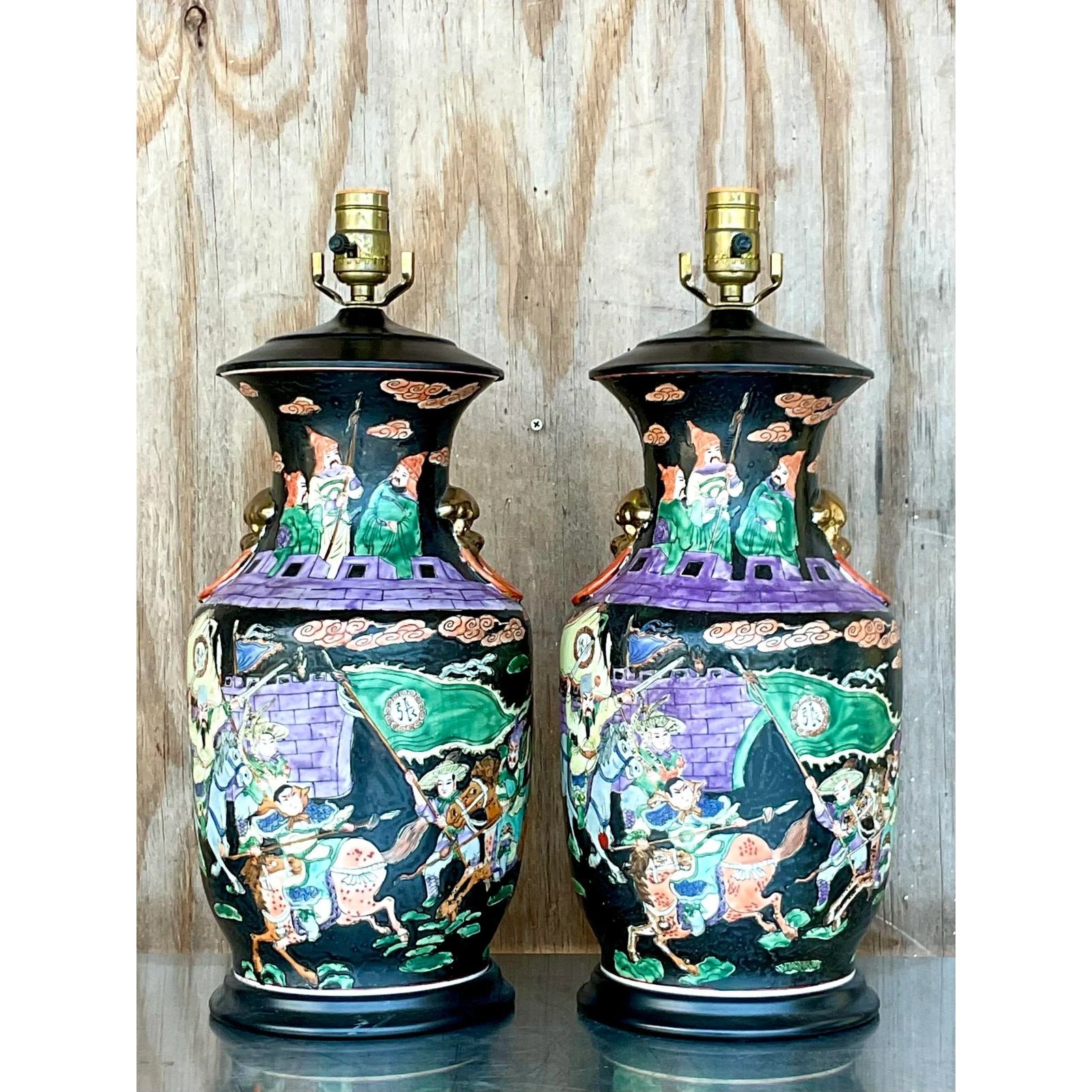 Vintage Asian Jewel Tone Chinoiserie Ceramic Lamps - a Pair - Detail view