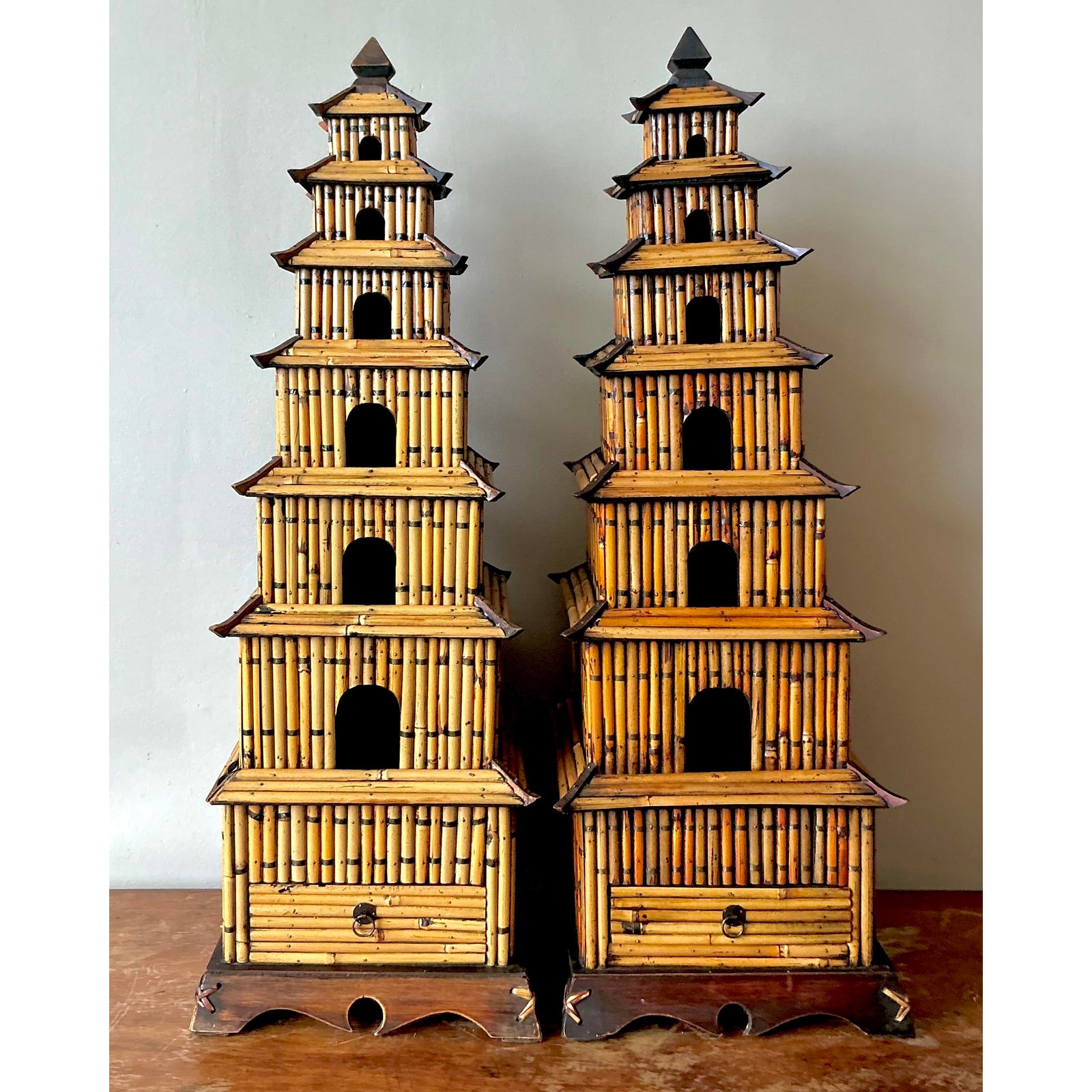 Vintage Asian Rattan Pagodas - A Pair - Detail view
