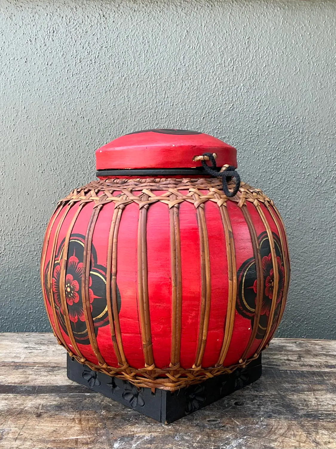 Vintage Asian Rattan Wrapped Lidded Basket
