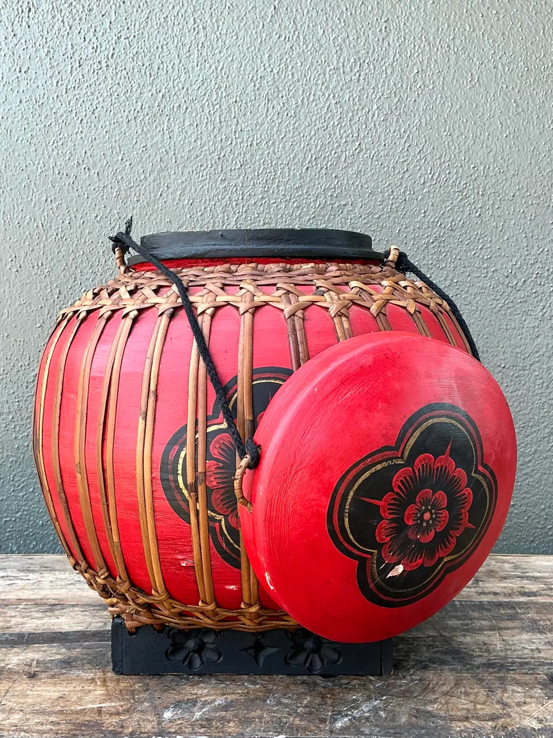 Vintage Asian Rattan Wrapped Lidded Basket - Side view