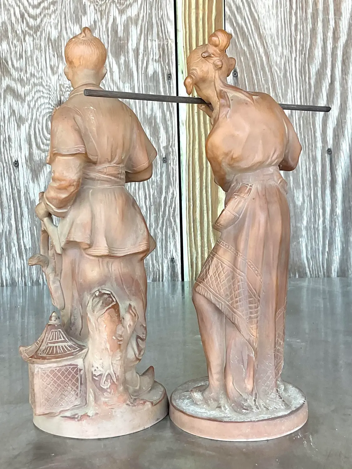 Vintage Asian Terra Cotta Couple - Set of 2 - Side view