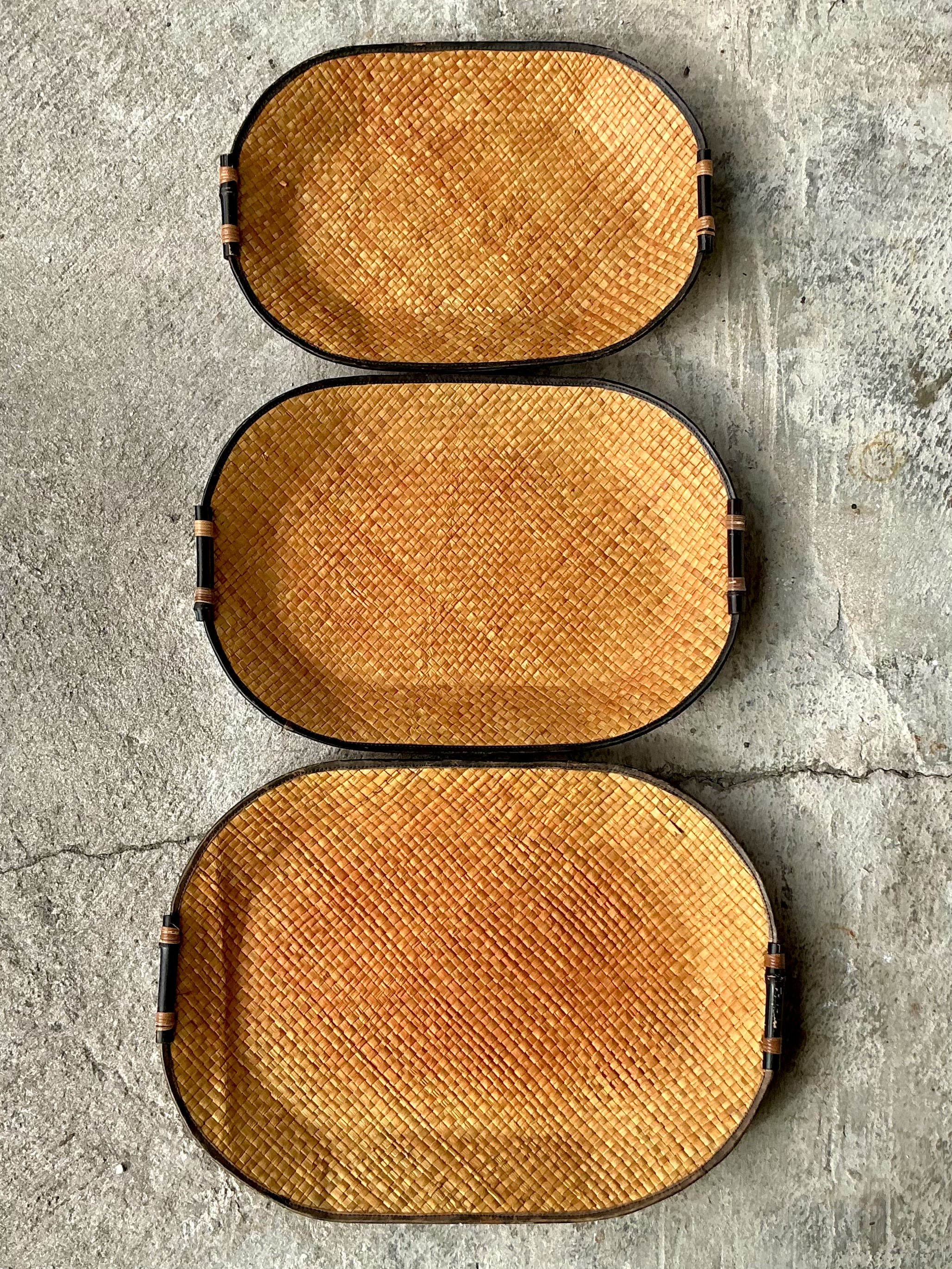 Vintage Bamboo Rattan Woven Trays- Set of 3 - Side view