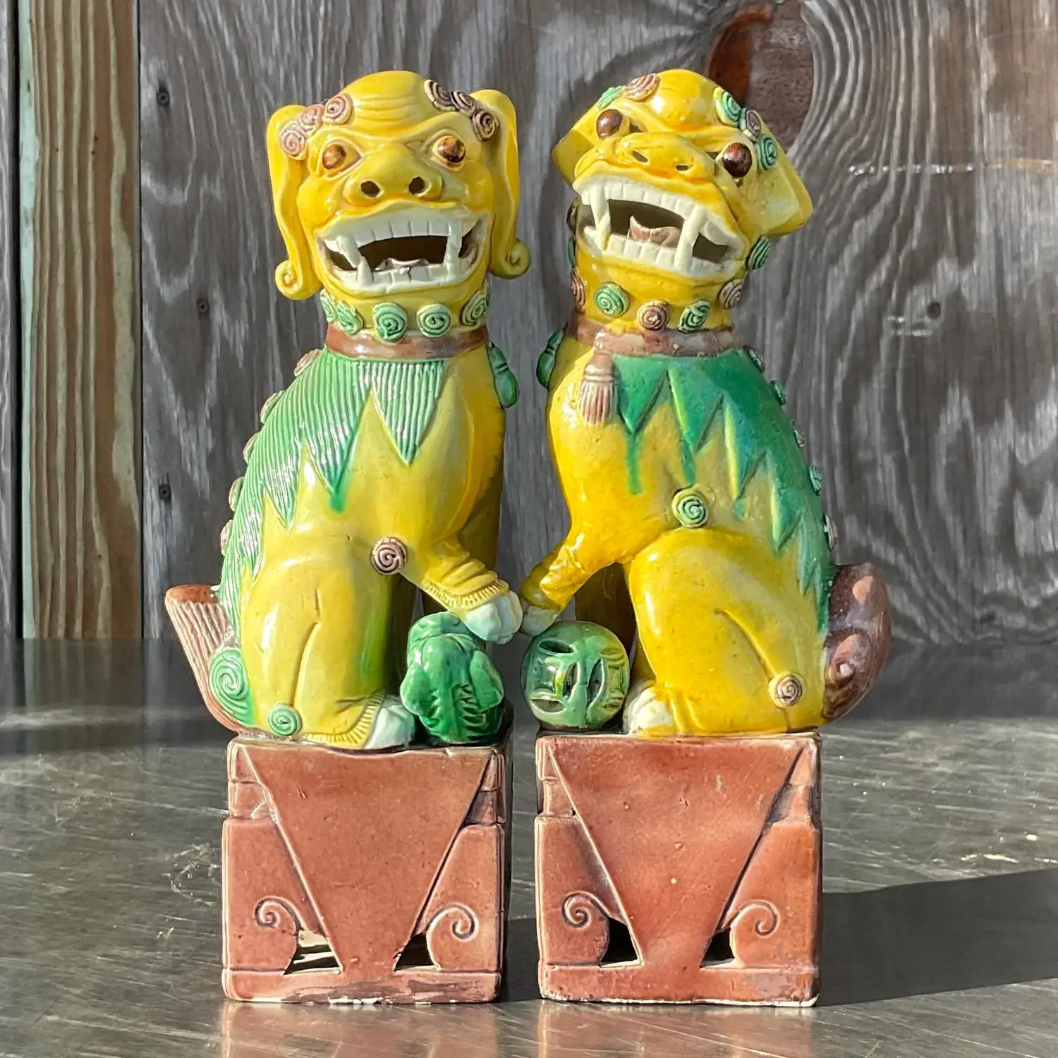 Vintage Boho 19th Century Glazed Ceramic Foo Dogs - a Pair - Detail view