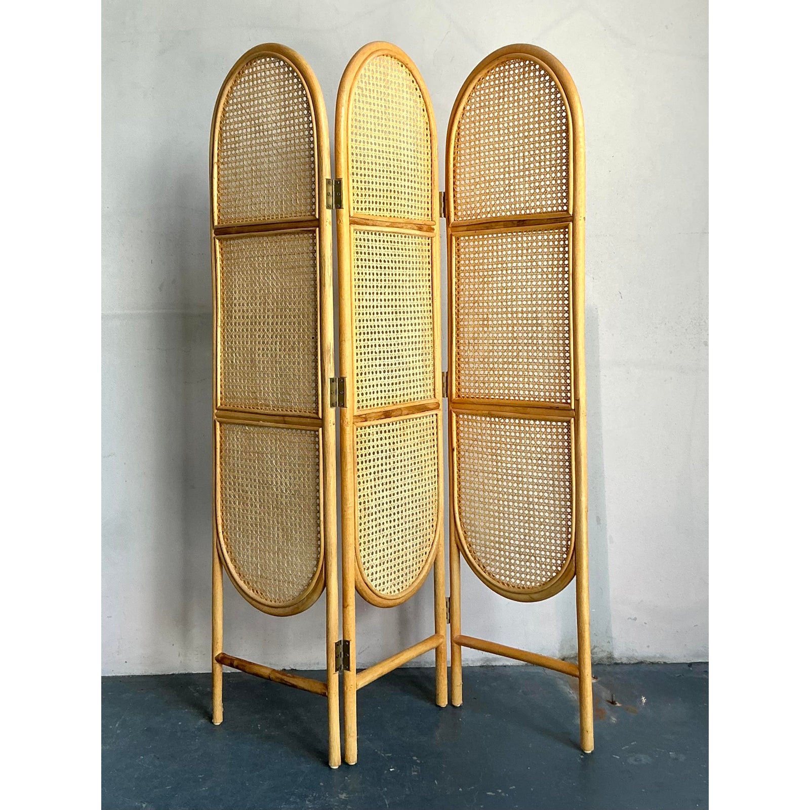 Vintage Boho Arched Cane Folding Screen - Back view