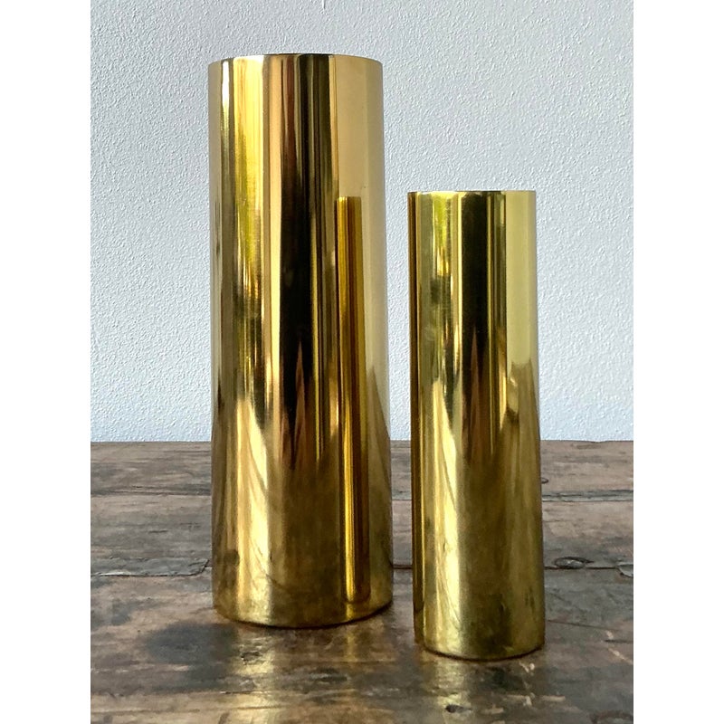 Vintage Boho Brass Cylinder Vases - Set of 2 - Top view