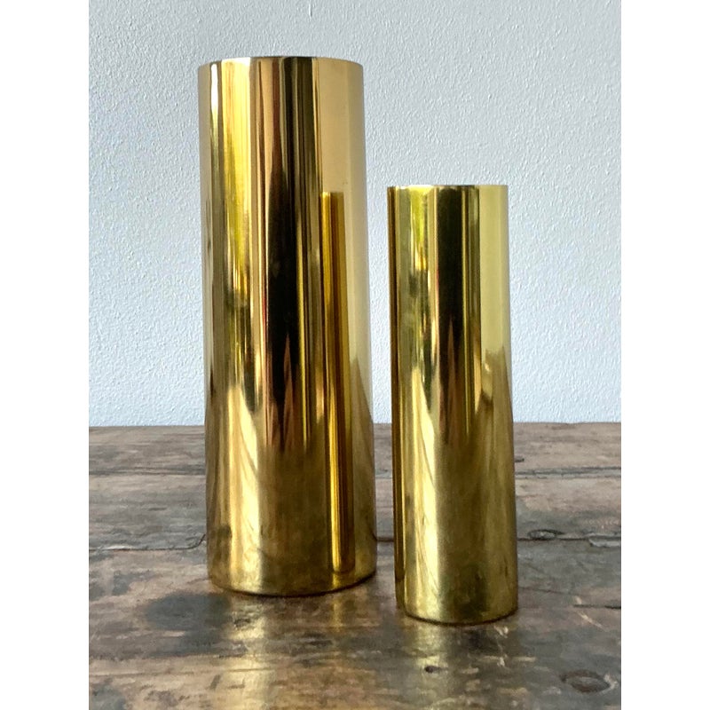 Vintage Boho Brass Cylinder Vases - Set of 2 - Side view