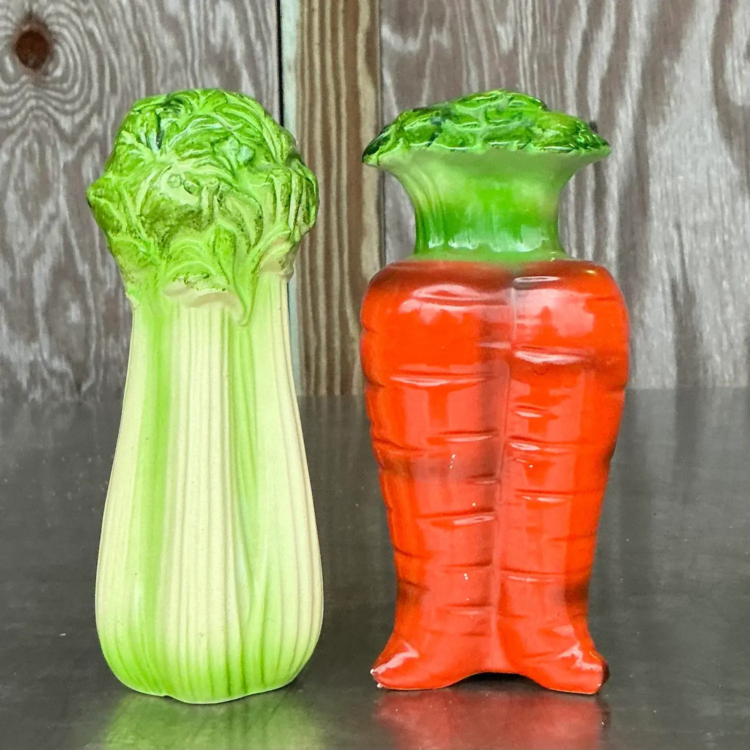 Vintage Boho Carrots and Celery Salt and Pepper Shaker Set - Back view