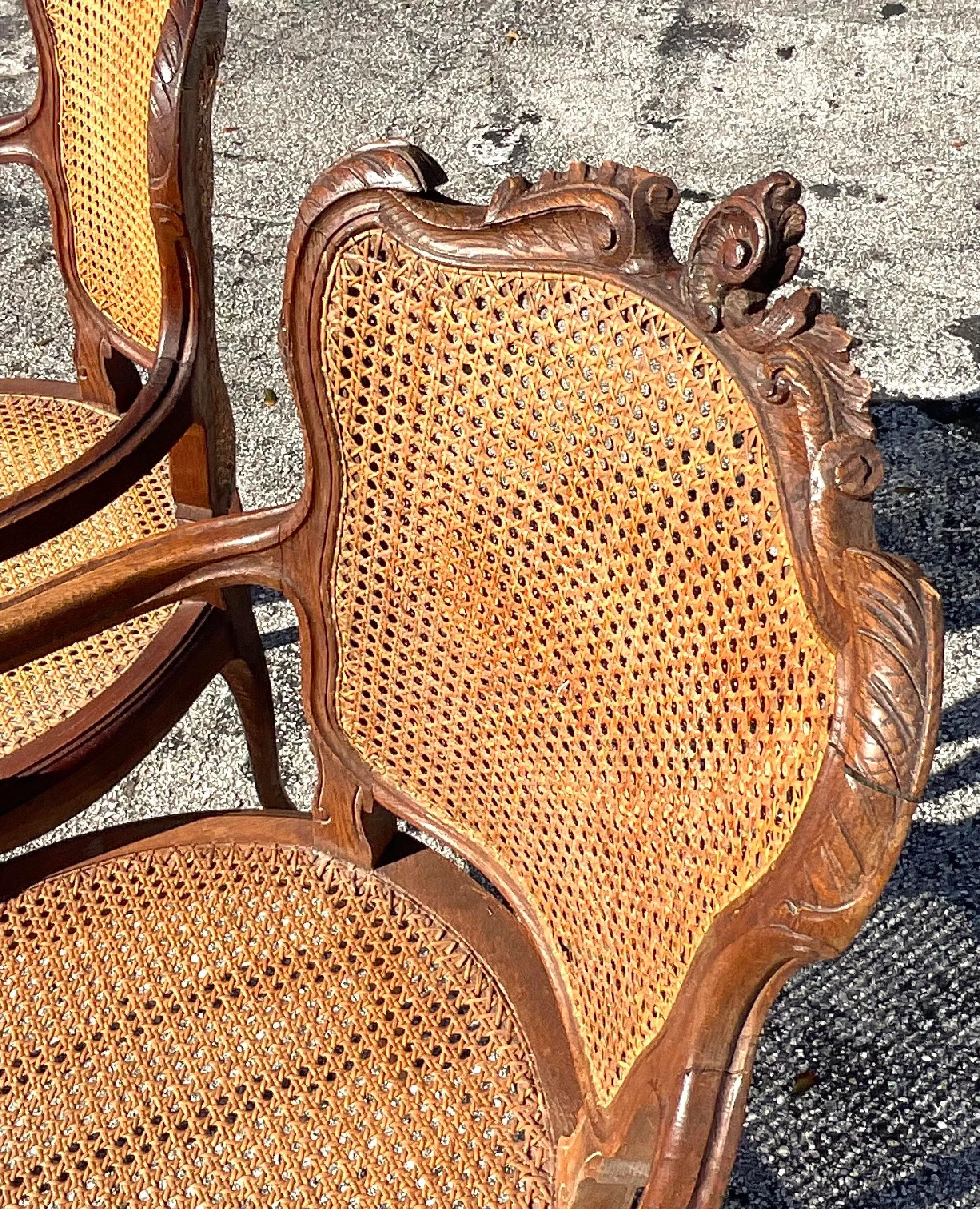Vintage Boho Carved Wooden Chairs With Inset Cane Panels - a Pair - Detail view