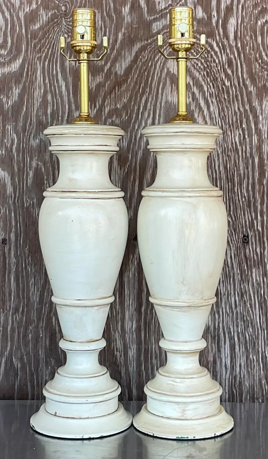 Vintage Boho Faux Finished Turned Wood Lamps- a Pair - Side view