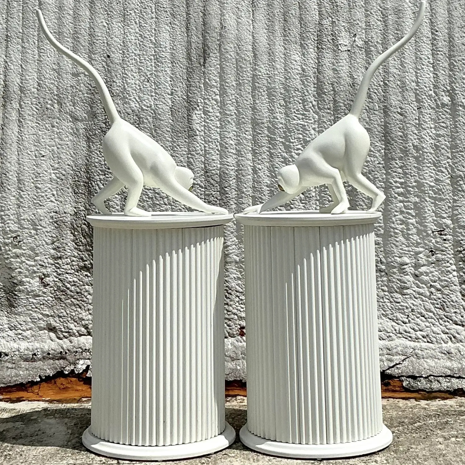 Vintage Boho Fluted Column Pedestals - a Pair - Oil Paint, 19.5W x 28.75H - Side view