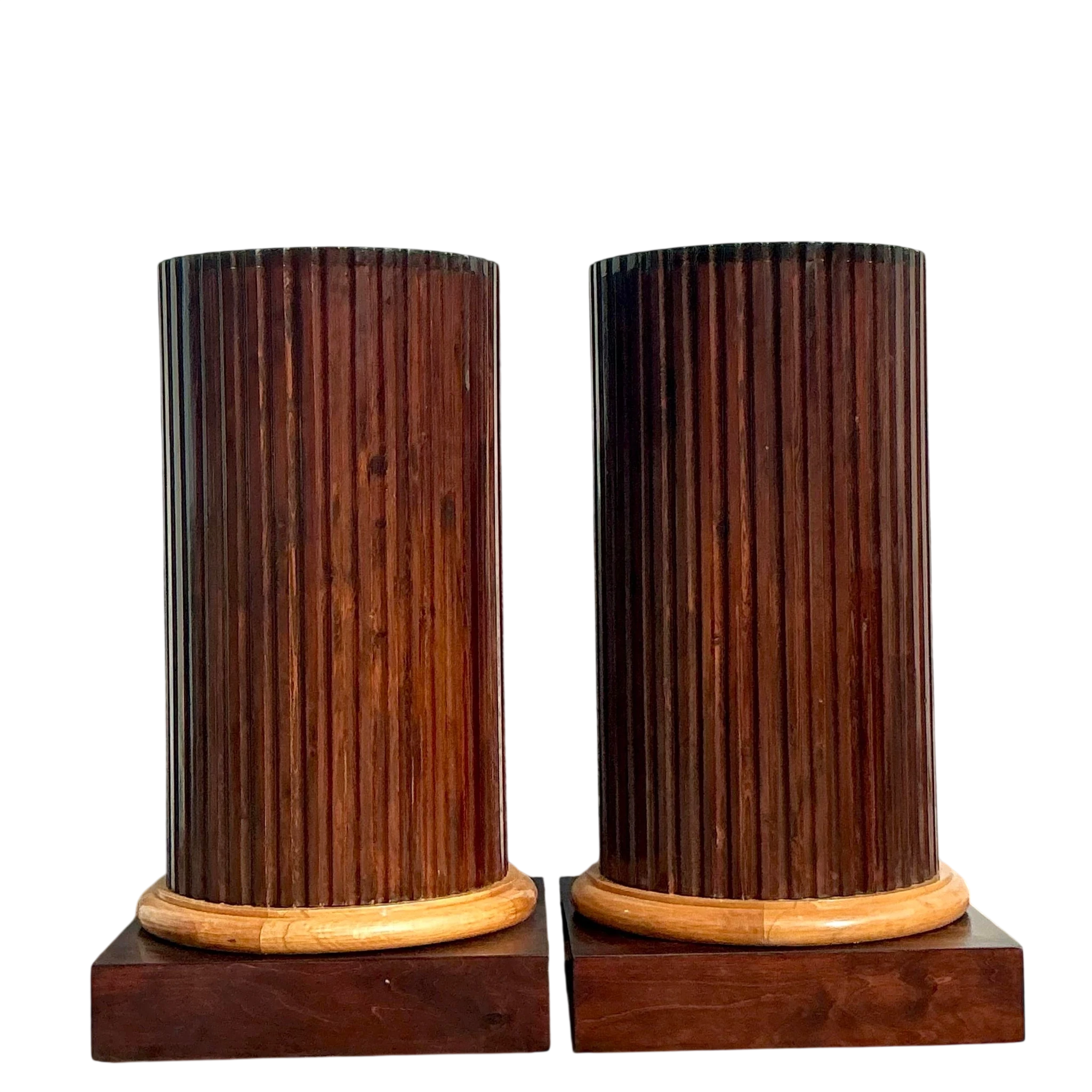 Vintage Boho Fluted Column Pedestals - a Pair - Detail view