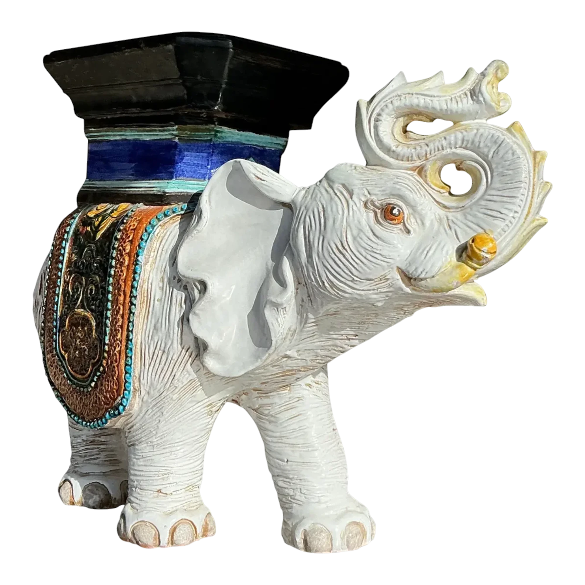Vintage Boho Glazed Ceramic Elephant Low Stool - Ceramic, 26W x 21.25H