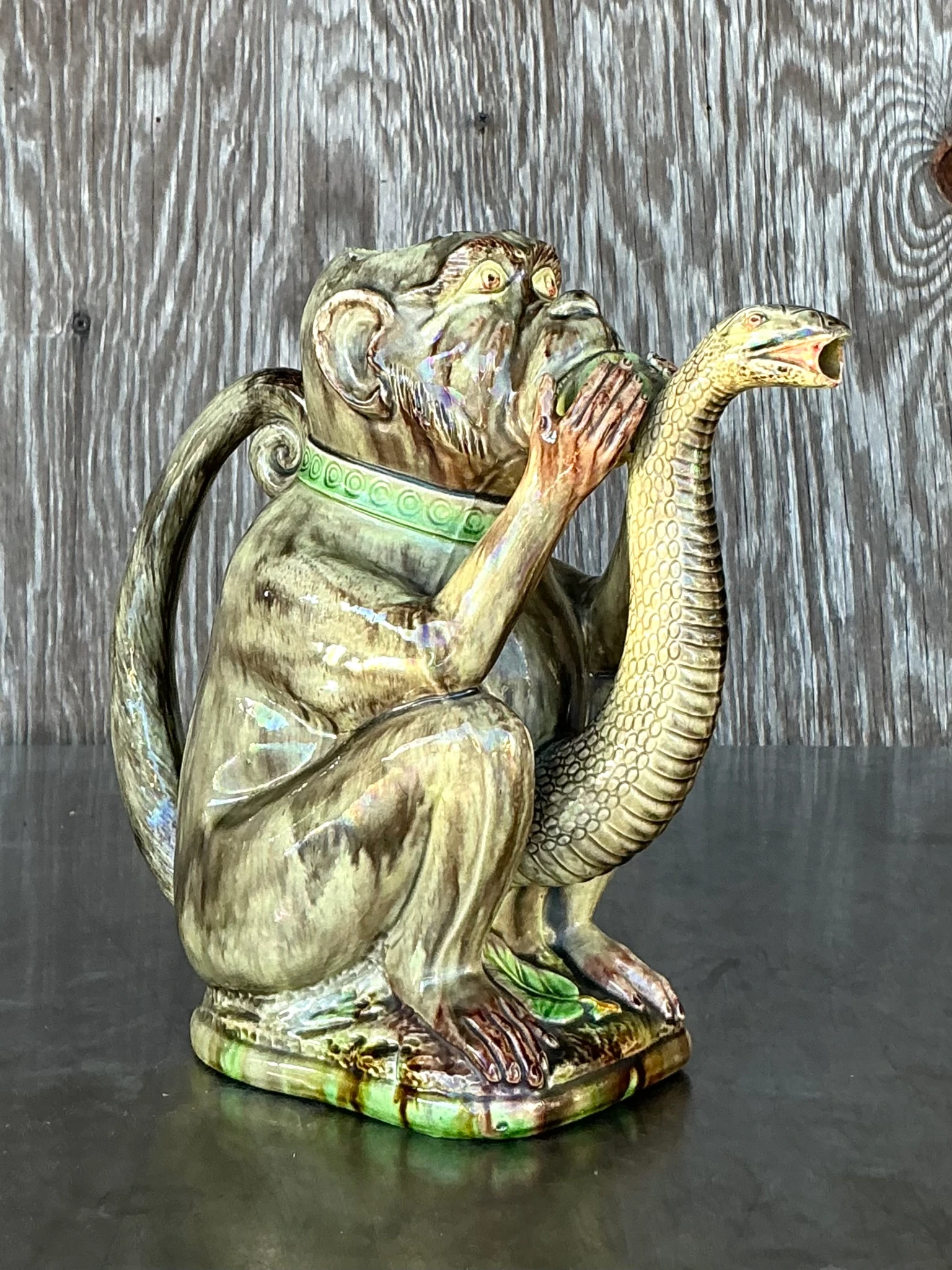 Vintage Boho Glazed Ceramic Monkey Pitcher - Side view