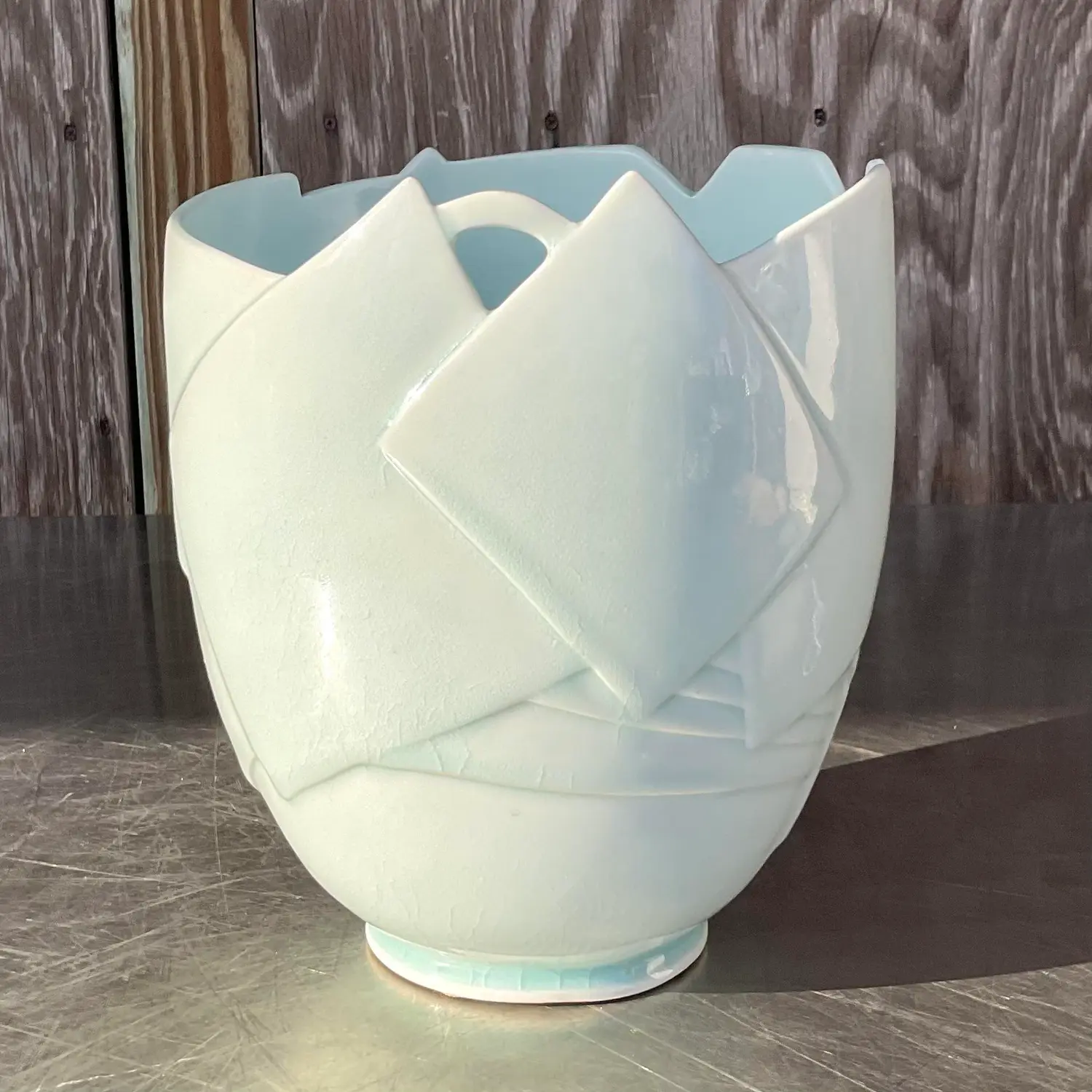 Vintage Boho Glazed Ceramic Vase - Ceramic, 8W x 9.5H - Top view