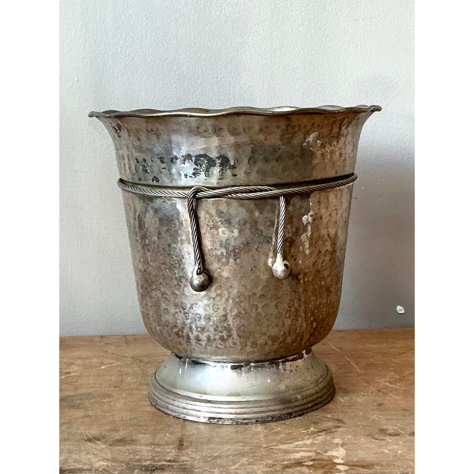 Vintage Boho Hammered Aluminum Ice Bucket - Back view