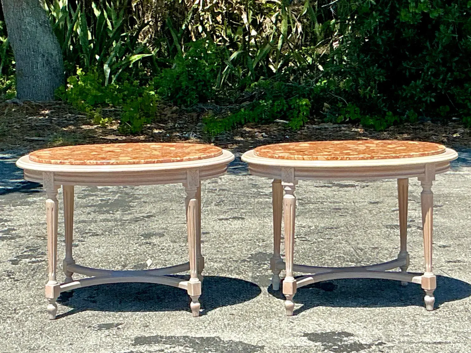 Vintage Boho Inset Stone Side Tables - A Pair - Back view