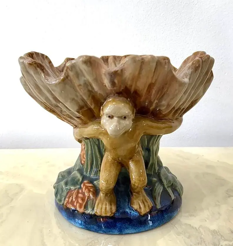 Vintage Boho Majolica Monkey Shell Bowl - Top view