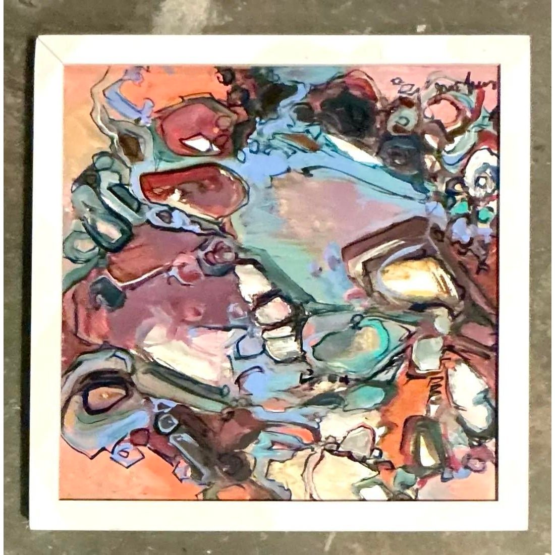 Vintage Boho Original Abstract Oil on Canvas - Wood, 13.25W x 13.25H - Detail view
