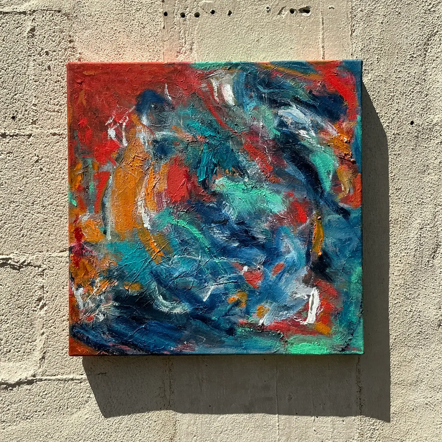 Vintage Boho Original Abstract Oil Painting on Canvas - Canvas, 18W x 18H - Top view