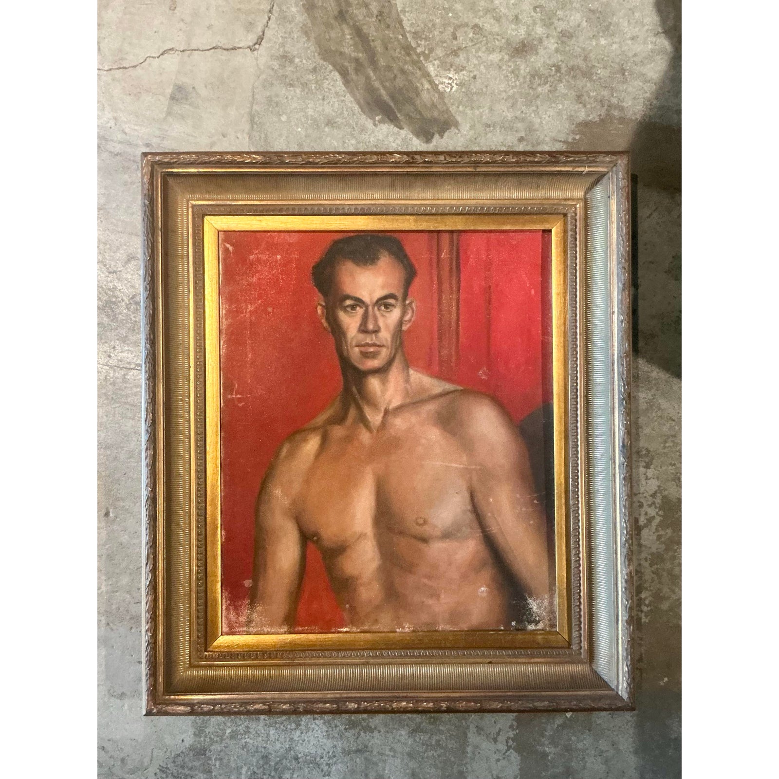 Vintage Boho Original Oil Portrait of Man - Canvas, 27.75W x 31.5H - Top view