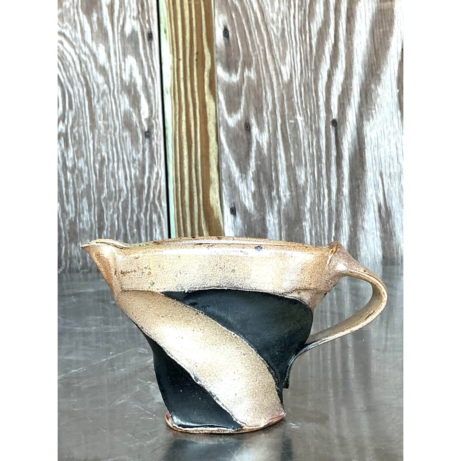 Vintage Boho Original Studio Pottery Pitcher - Ceramic, 6.5W x 4H - Back view