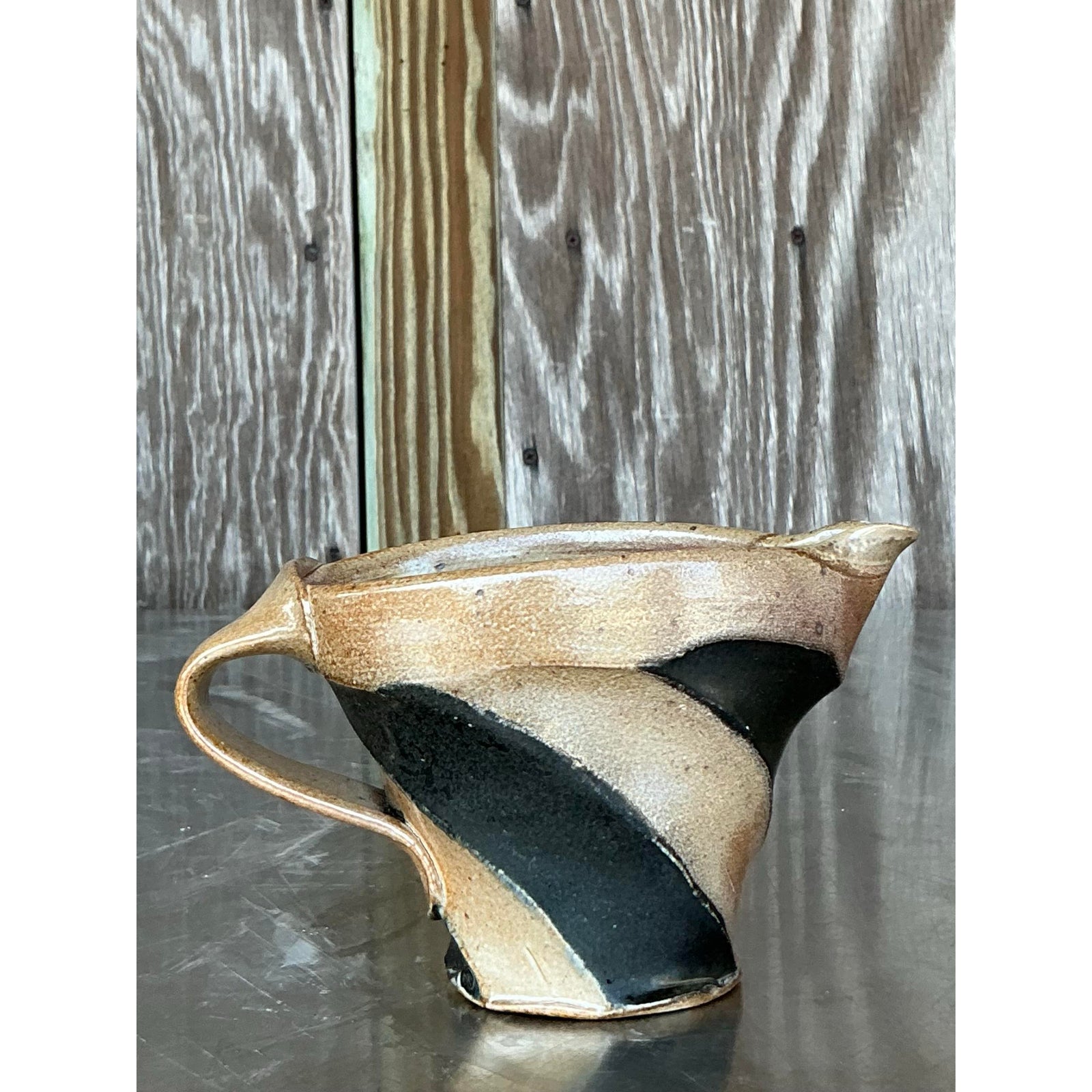 Vintage Boho Original Studio Pottery Pitcher - Ceramic, 6.5W x 4H - Side view