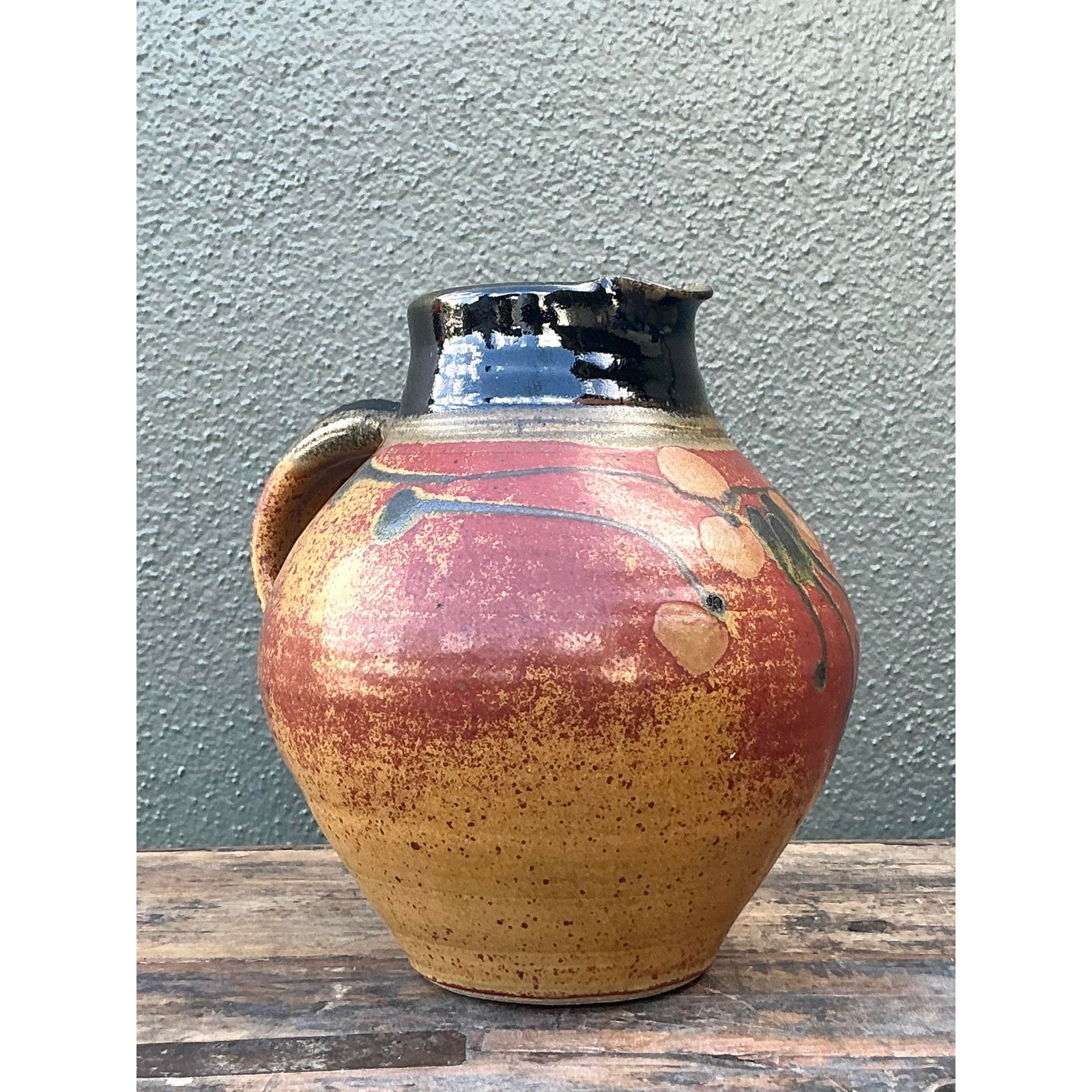 Vintage Boho Original Studio Pottery Pitcher - Ceramic, 8.25W x 8.5H - Detail view