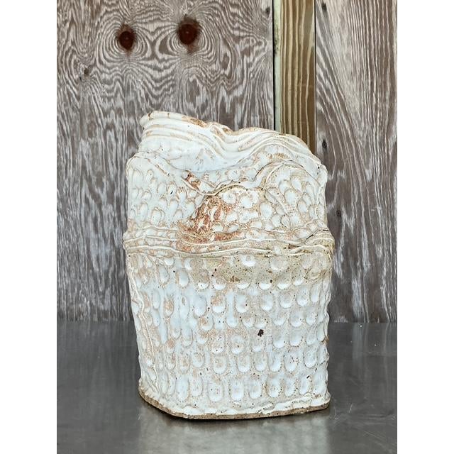 Vintage Boho Original Studio Pottery Vase - Ceramic, 9.5W x 12.25H - Detail view