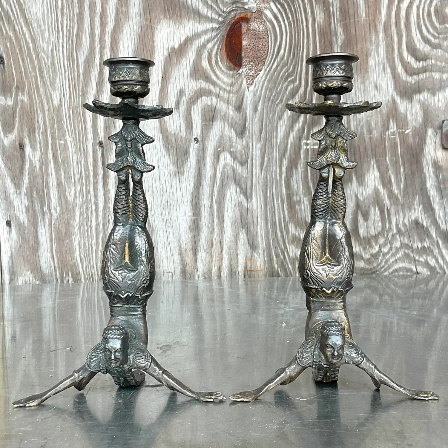 Vintage Boho Patinated Acrobat Candlesticks - a Pair - Detail view