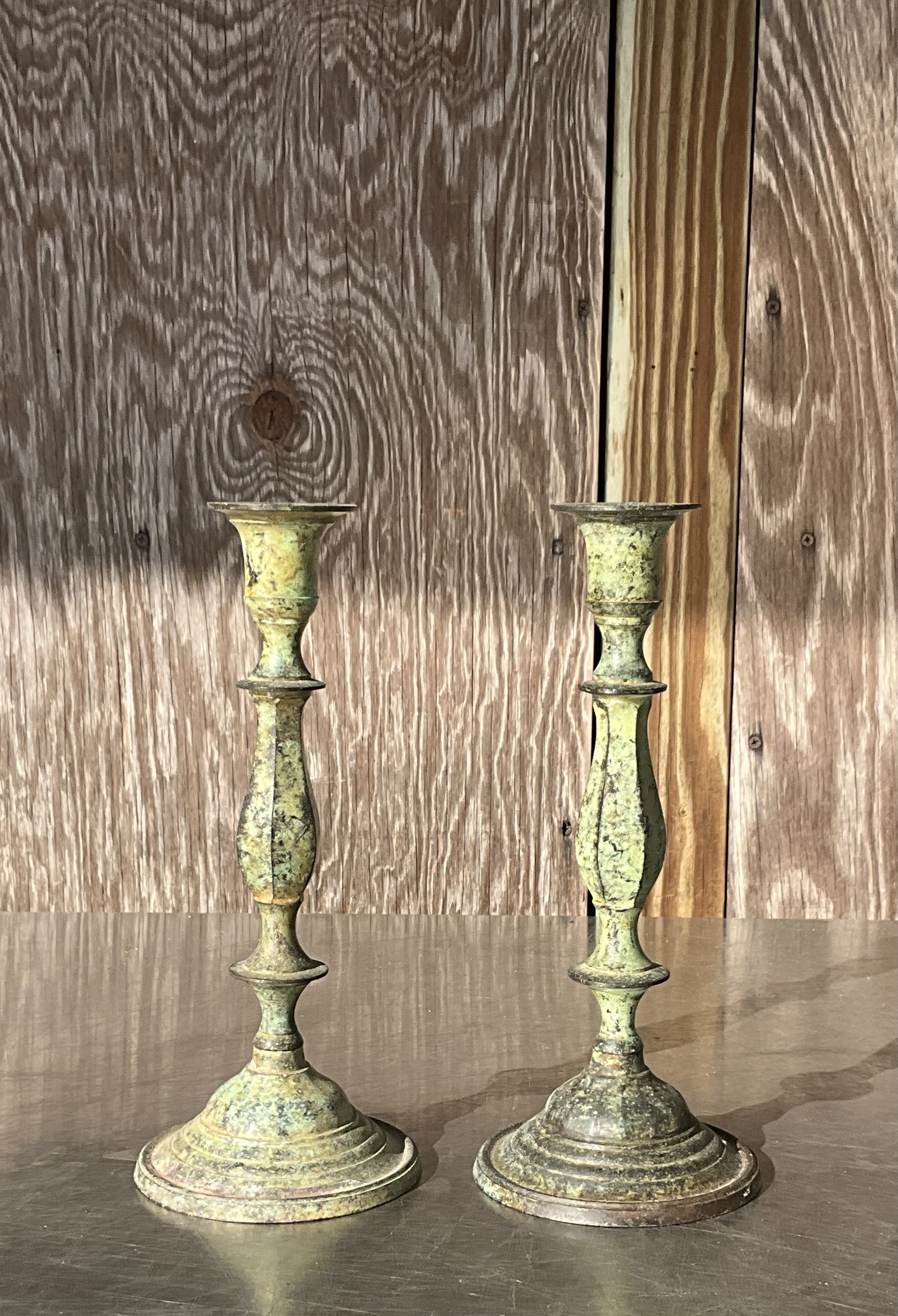 Vintage Boho Patinated Metal Candlesticks- a Pair - Back view