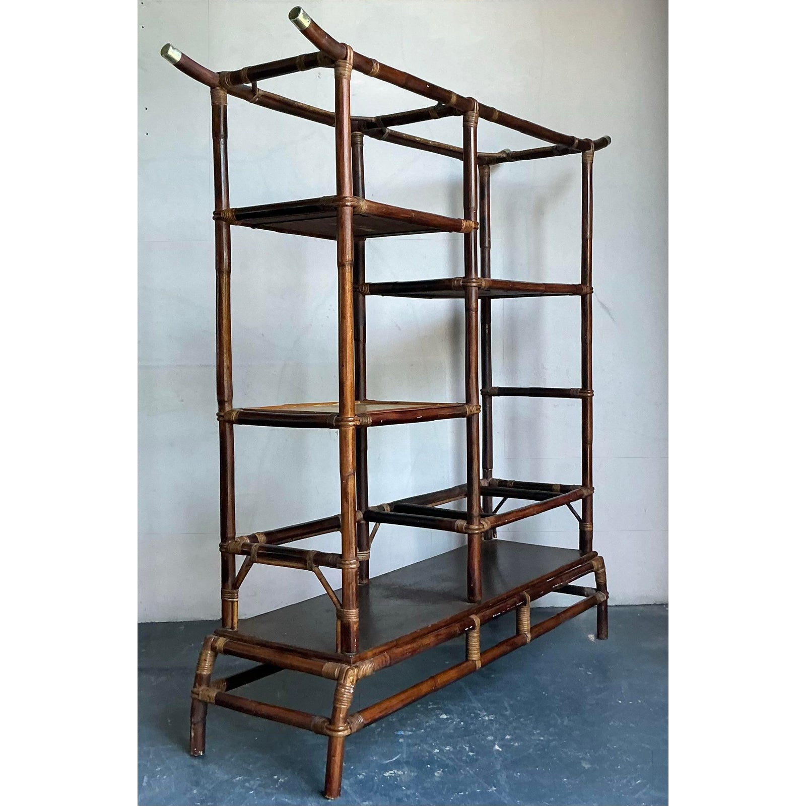 Vintage Boho Rattan Pagoda Etagere After John Wisner for Ficks Reed - Back view