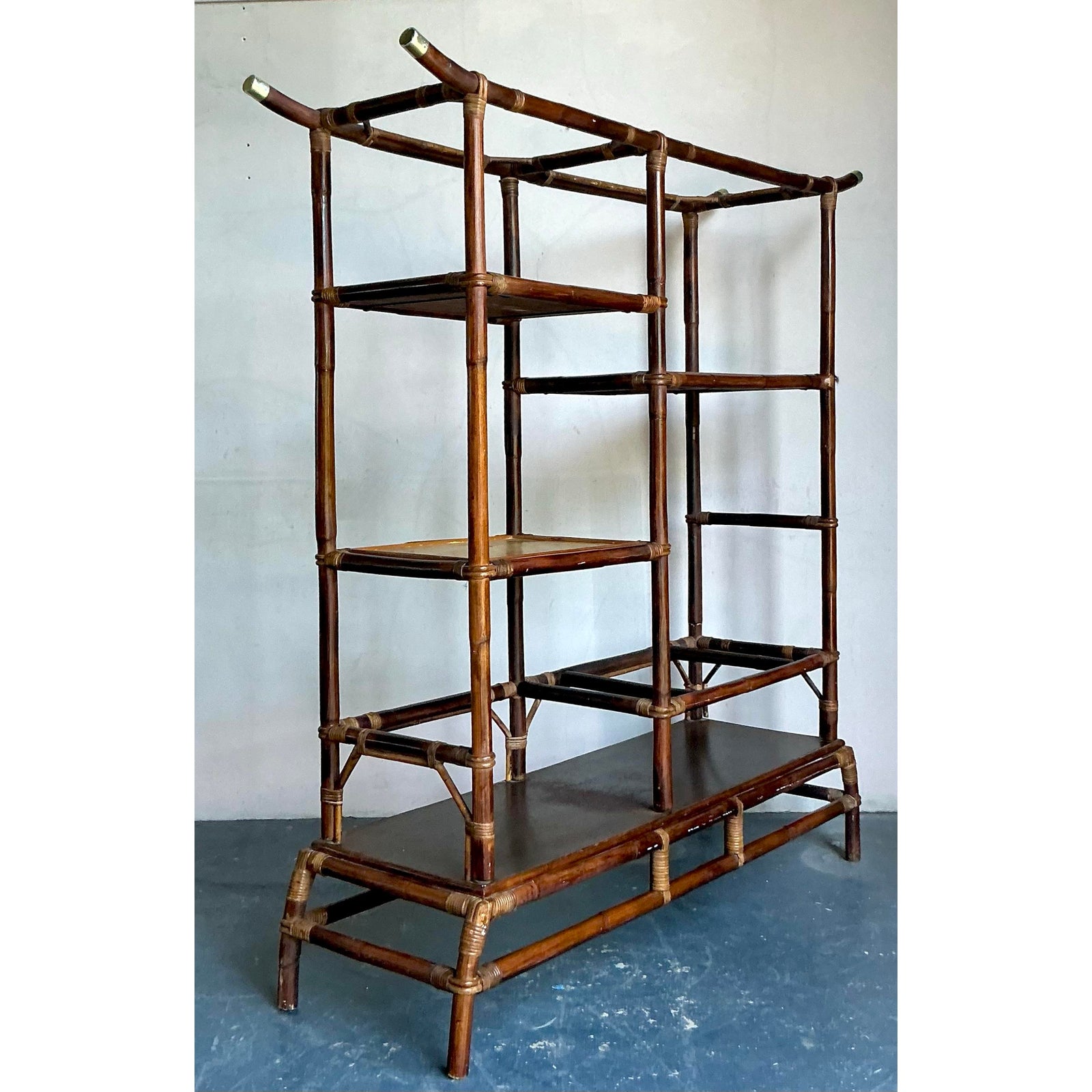 Vintage Boho Rattan Pagoda Etagere After John Wisner for Ficks Reed - Detail view