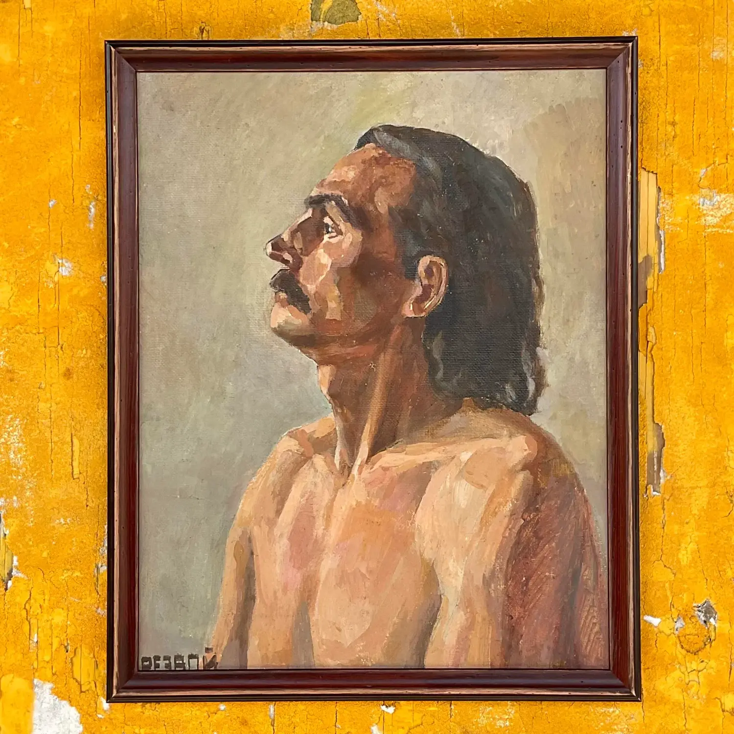 Vintage Boho Signed Original Oil Portrait on Board - Canvas, 17W x 21H - Back view